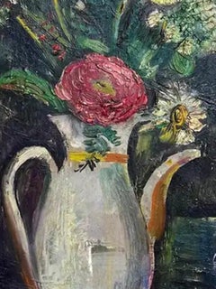 1948 E. Romano "Flower in White Vase" Oil Painting on Pressed Board