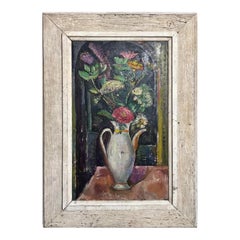 1948 E. Romano "Flower in White Vase" Oil Painting on Pressed Board