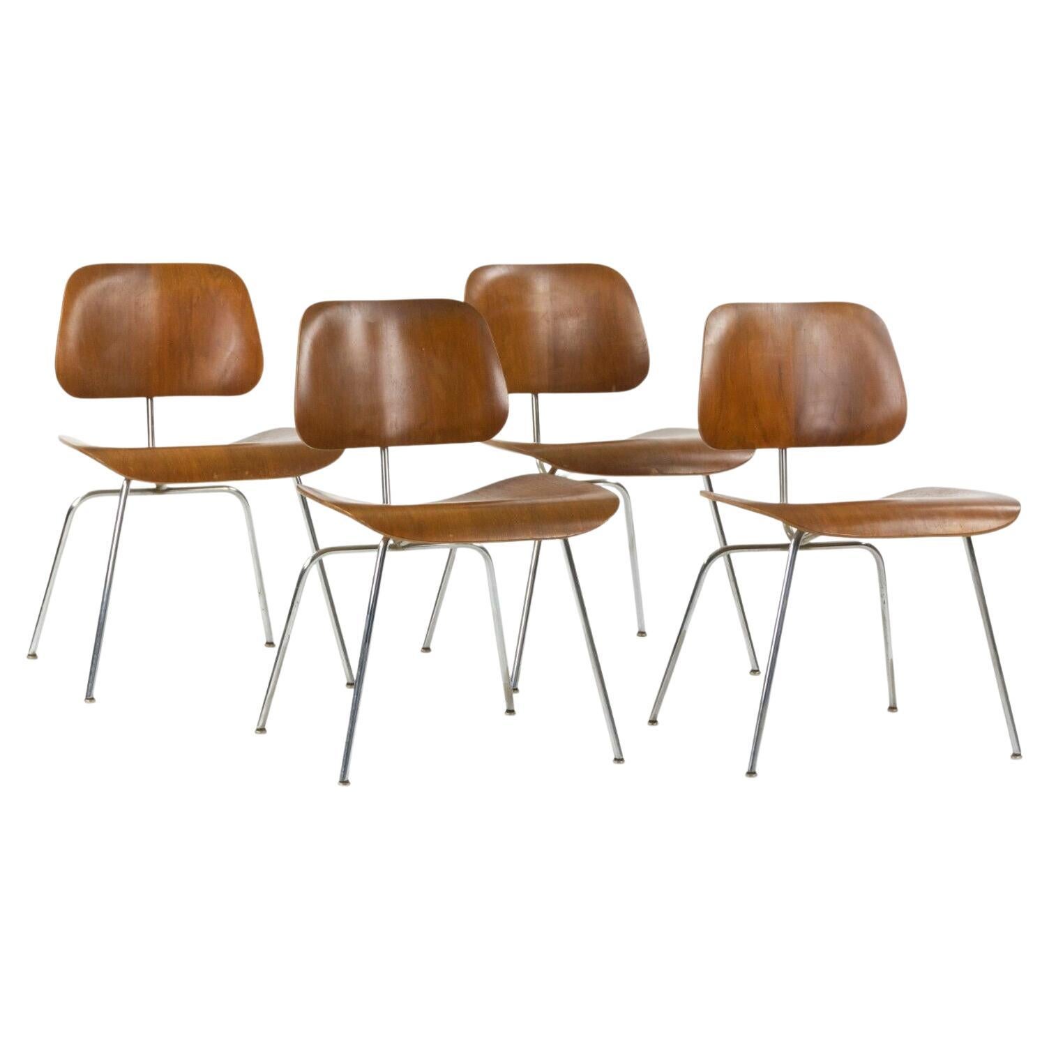 1948 Eames Evans for Herman Miller DCM Dining Chairs Metal in Walnut Set of Four For Sale