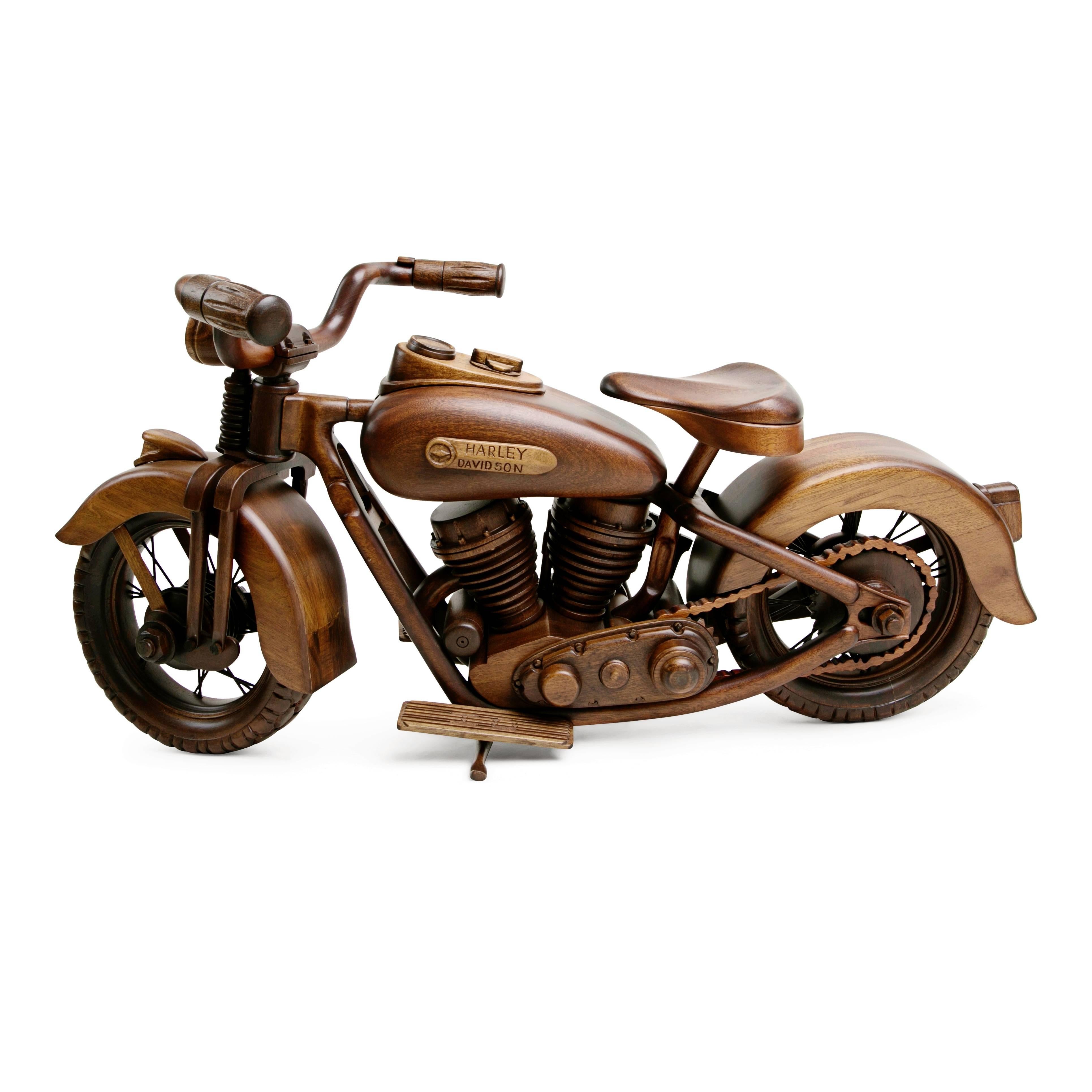 Modern Large-Scale Carved Wood 1948 EL Panhead Harley Davidson with Display Case