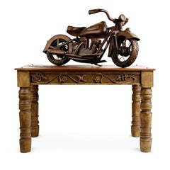 Large-Scale Carved Wood 1948 EL Panhead Harley Davidson with Display Case