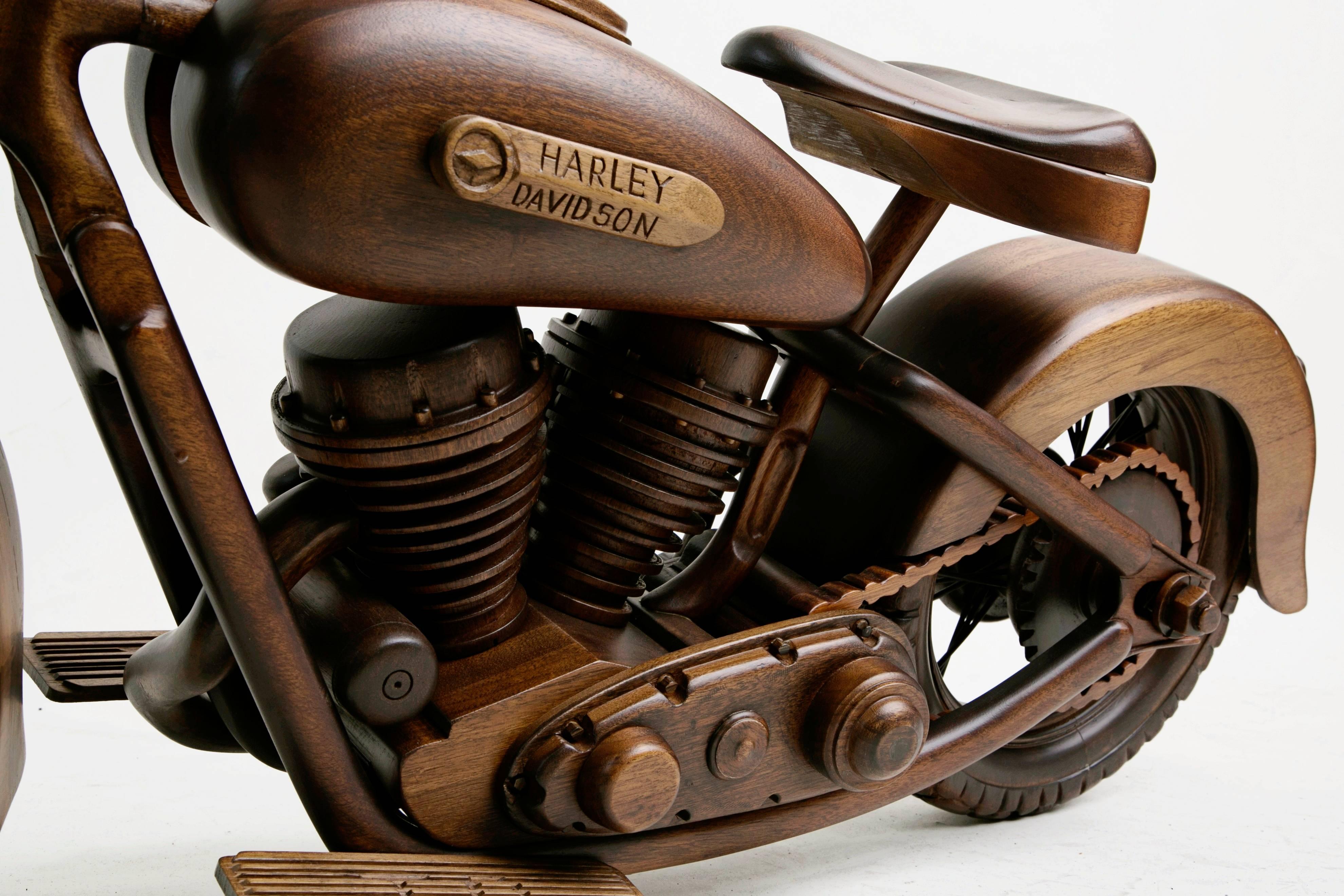Large-Scale Carved Wood 1948 EL Panhead Harley Davidson with Display Case In Good Condition In Los Angeles, CA