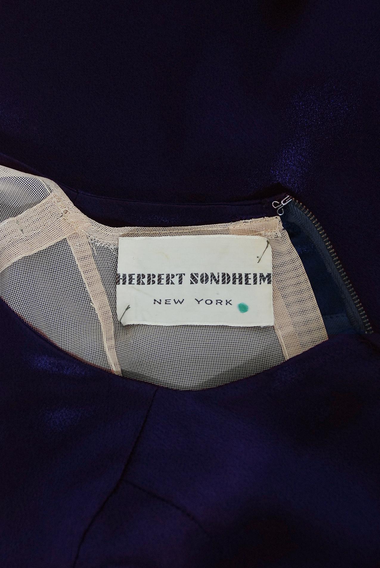 1948 Herbert Sondheim Documented Midnight-Blue Silk Satin Draped Sleeve Dress 4