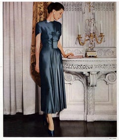 1948 Herbert Sondheim Documented Midnight-Blue Silk Satin Draped Sleeve Dress
