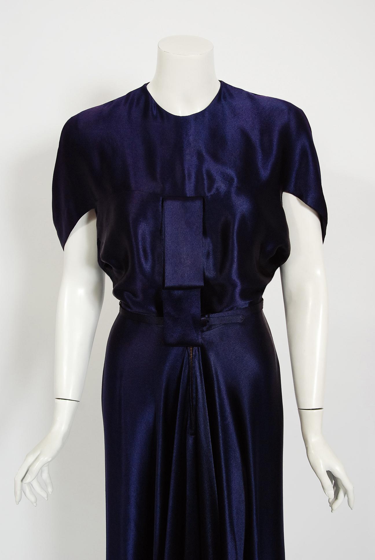 Black 1948 Herbert Sondheim Documented Midnight-Blue Silk Satin Draped Sleeve Dress 