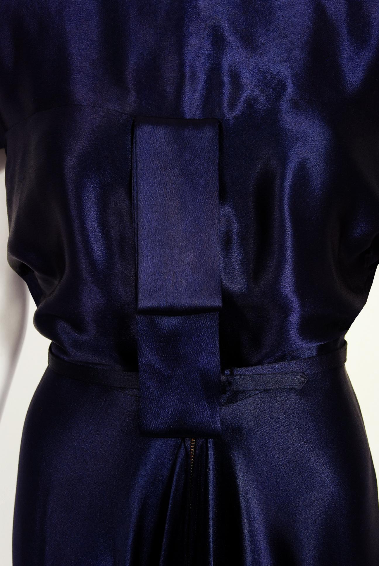 1948 Herbert Sondheim Documented Midnight-Blue Silk Satin Draped Sleeve Dress  In Good Condition In Beverly Hills, CA