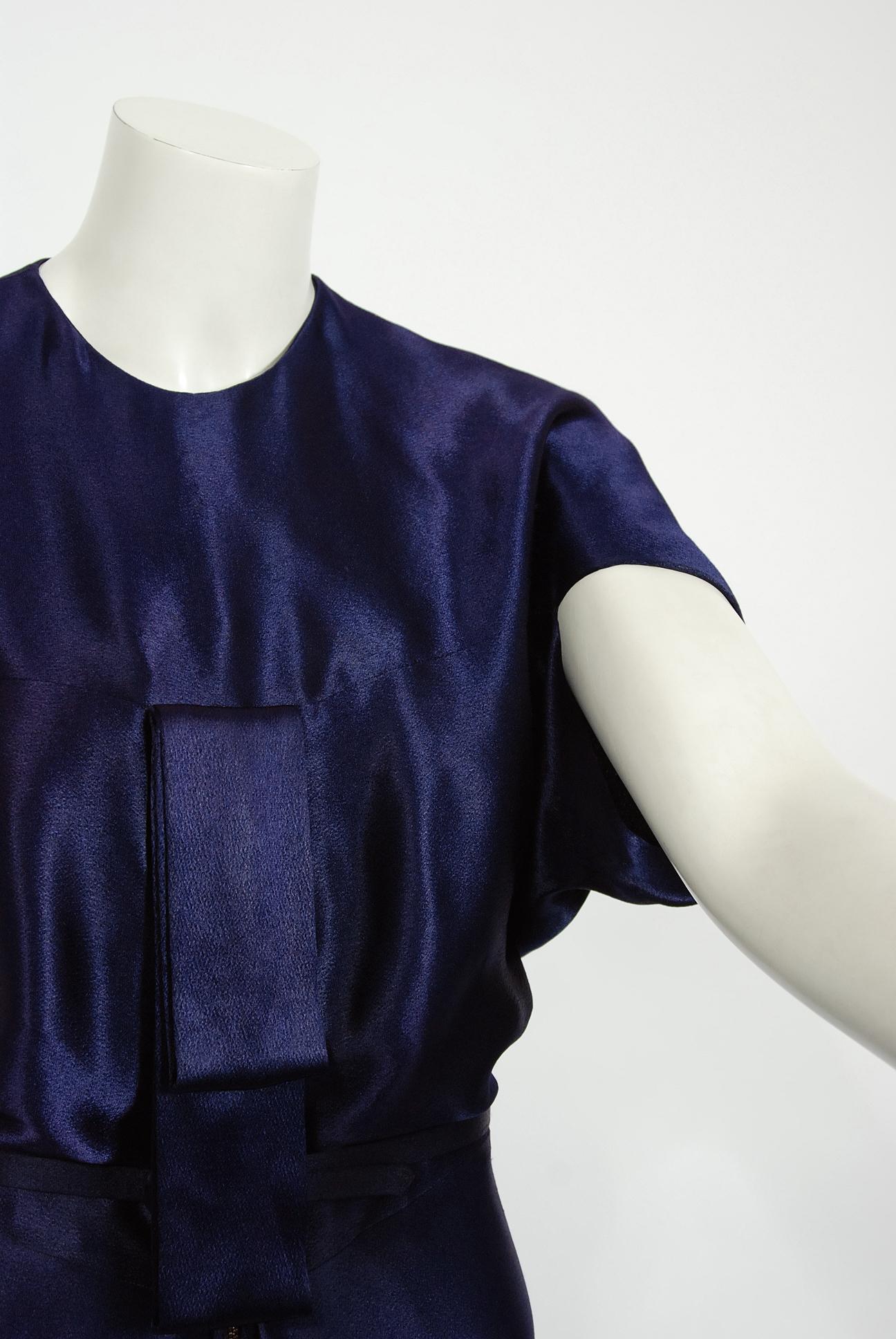 Women's 1948 Herbert Sondheim Documented Midnight-Blue Silk Satin Draped Sleeve Dress 