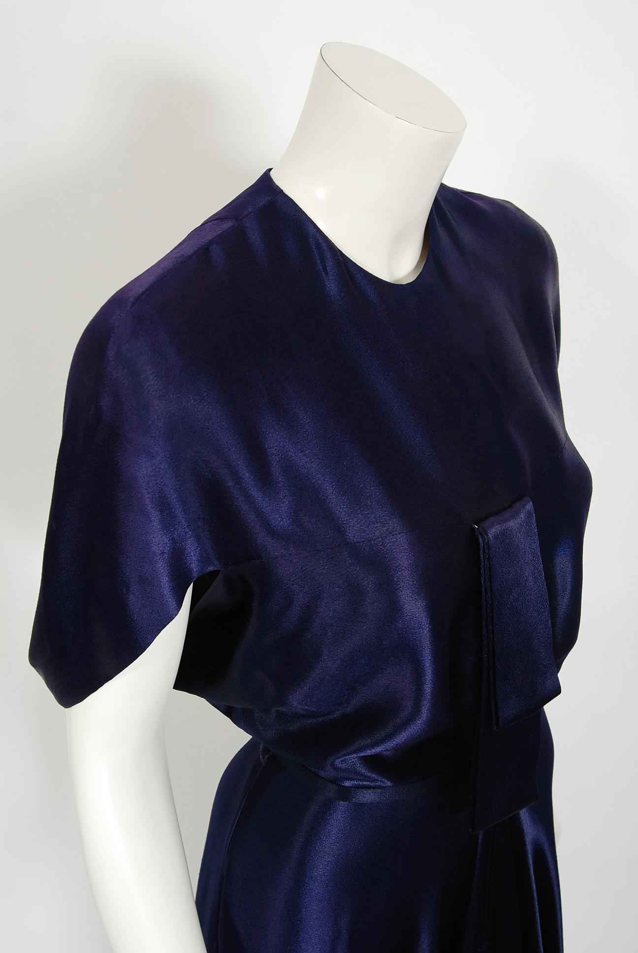1948 Herbert Sondheim Documented Midnight-Blue Silk Satin Draped Sleeve Dress  1