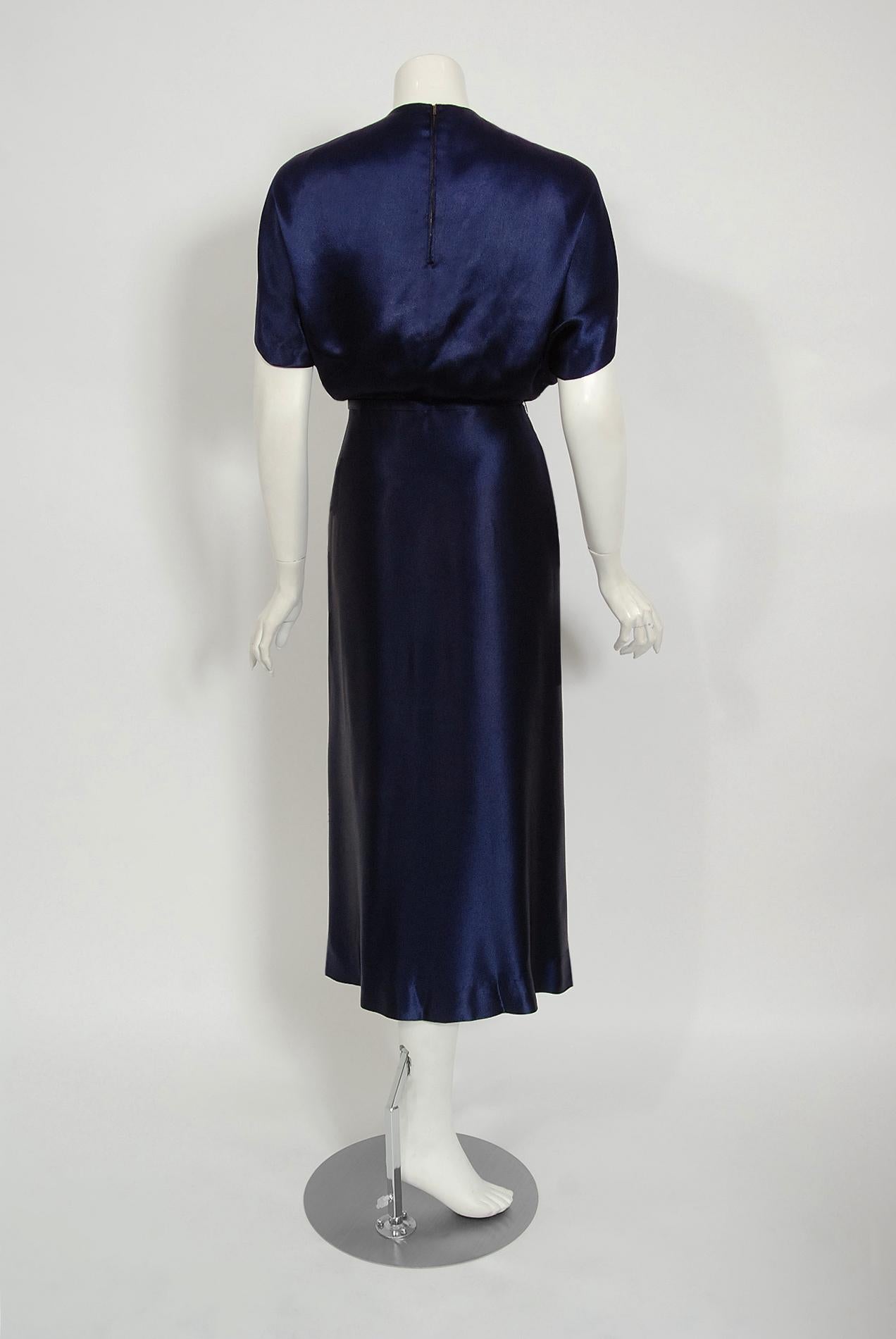 1948 Herbert Sondheim Documented Midnight-Blue Silk Satin Draped Sleeve Dress  2