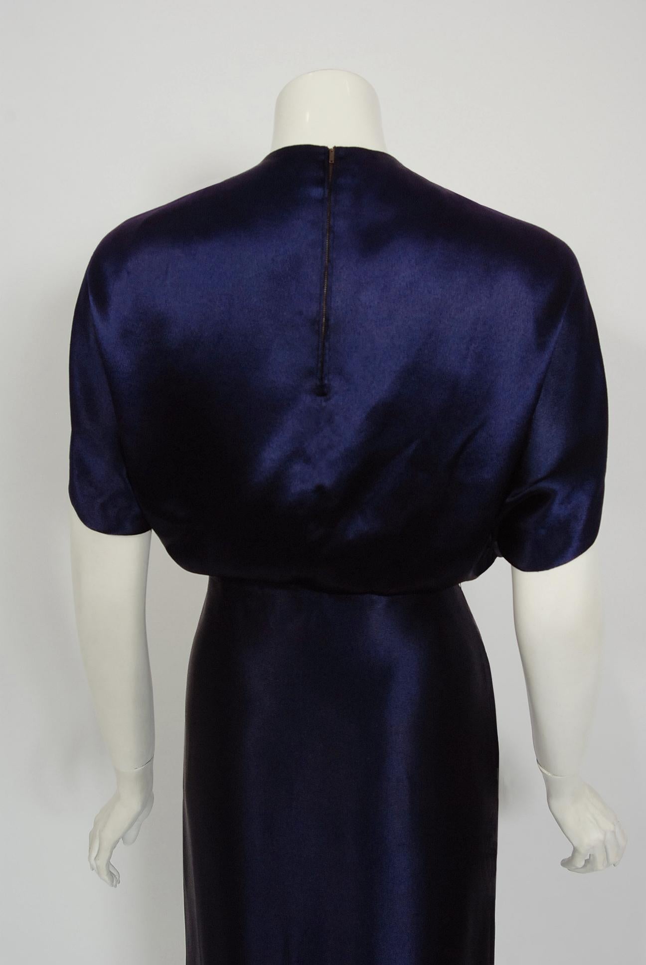1948 Herbert Sondheim Documented Midnight-Blue Silk Satin Draped Sleeve Dress  3