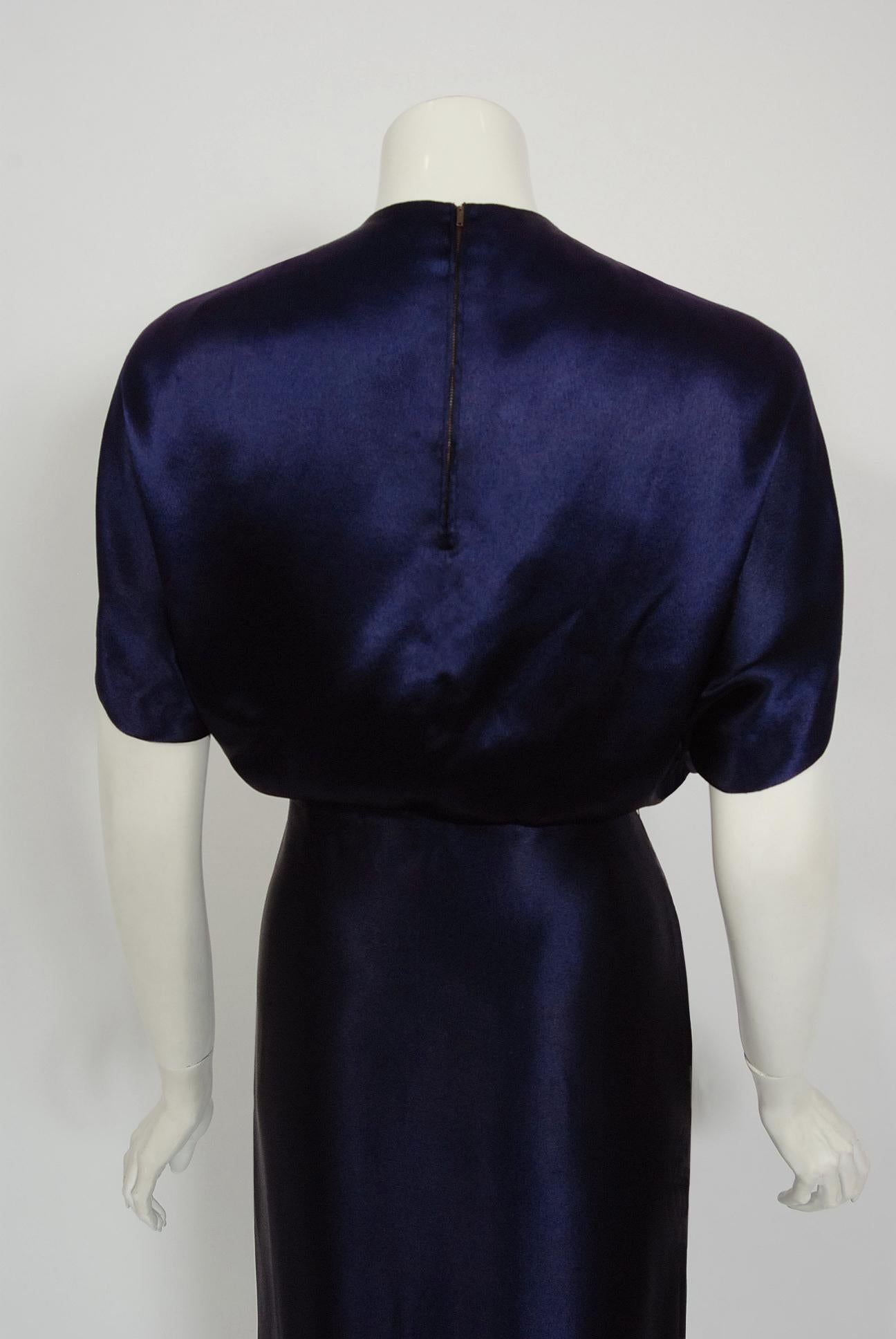 1948 Herbert Sondheim Documented Midnight-Blue Silk Satin Draped Sleeve Dress 3
