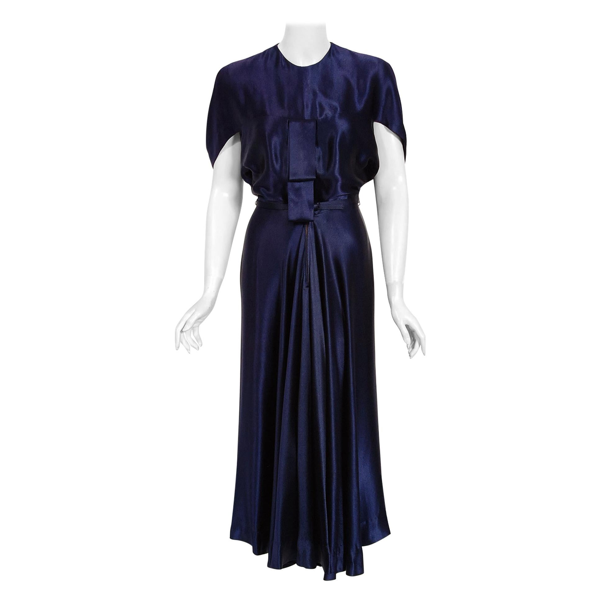 1948 Herbert Sondheim Documented Midnight-Blue Silk Satin Draped Sleeve Dress 