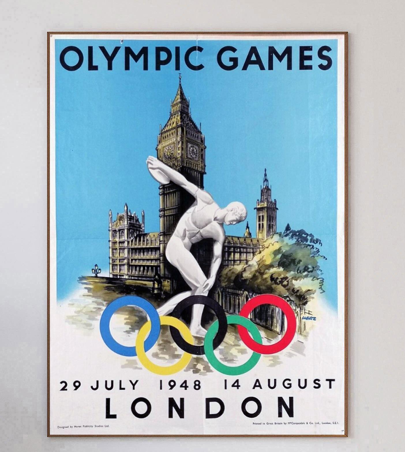 The first games after World War II and Great Britains first time hosting, the 1948 Olympic Games were held in London between 29th July to 14th August. The United States won the games with the most golds. 

This iconic design by Walter Herz depicts