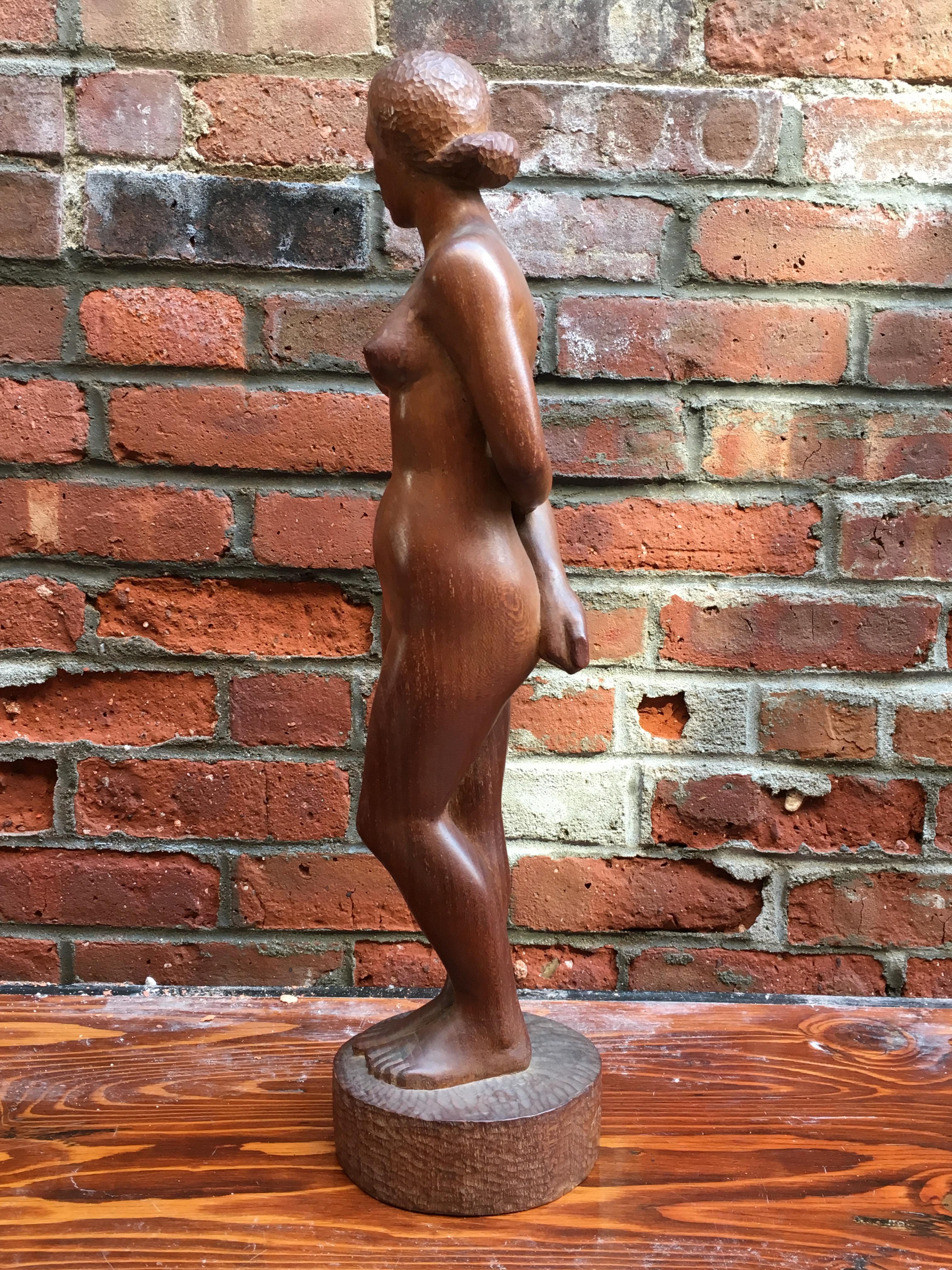 Solid wood carved life study sculpture, circa 1948. Signed A. Tolin and dated 1948. The Tolin sculptures offered here on 1stdibs come from a wonderful UWS, NYC apartment that was 