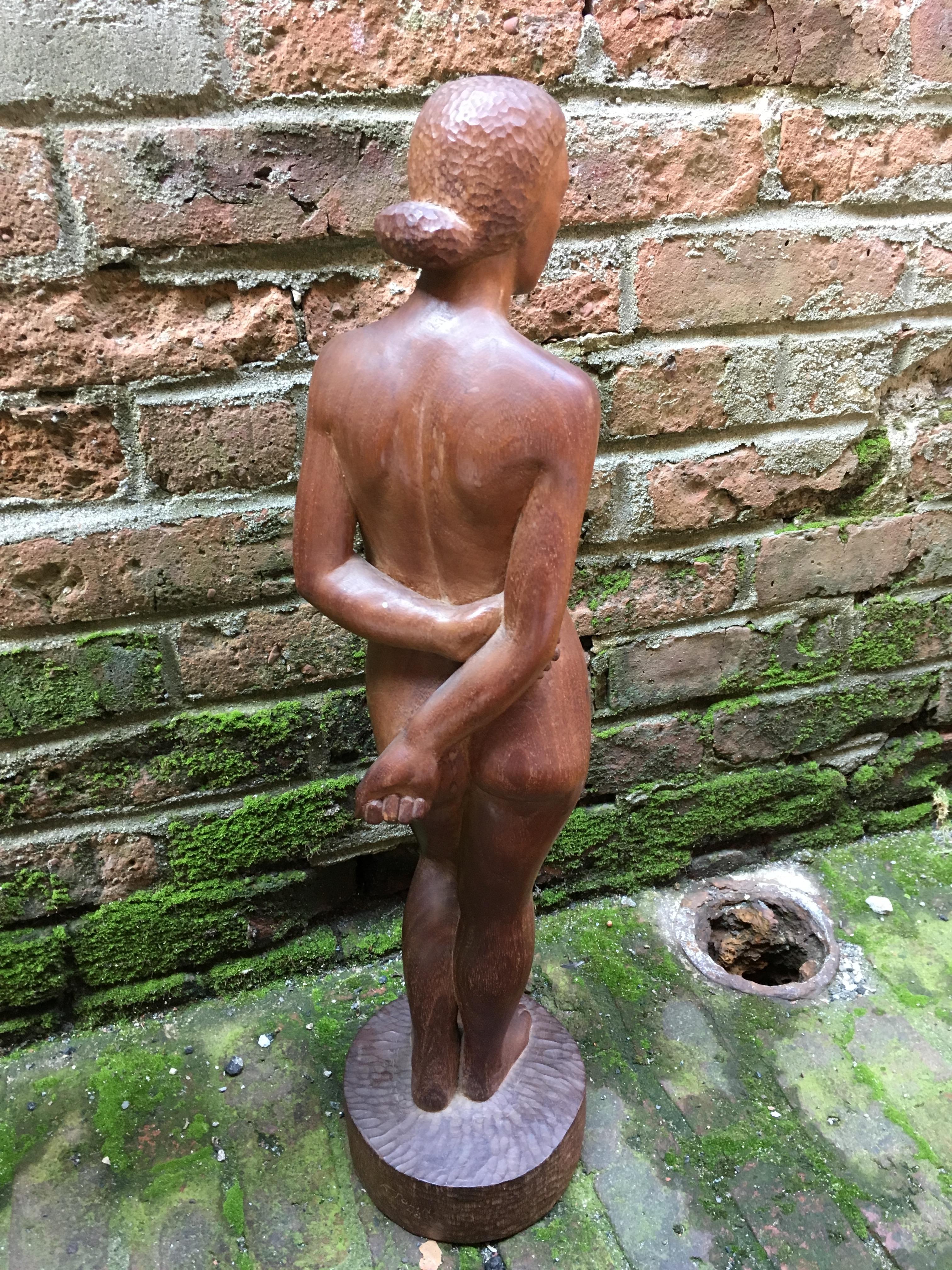 Mid-Century Modern 1948 New York School Wood Carved Female Nude Sculpture