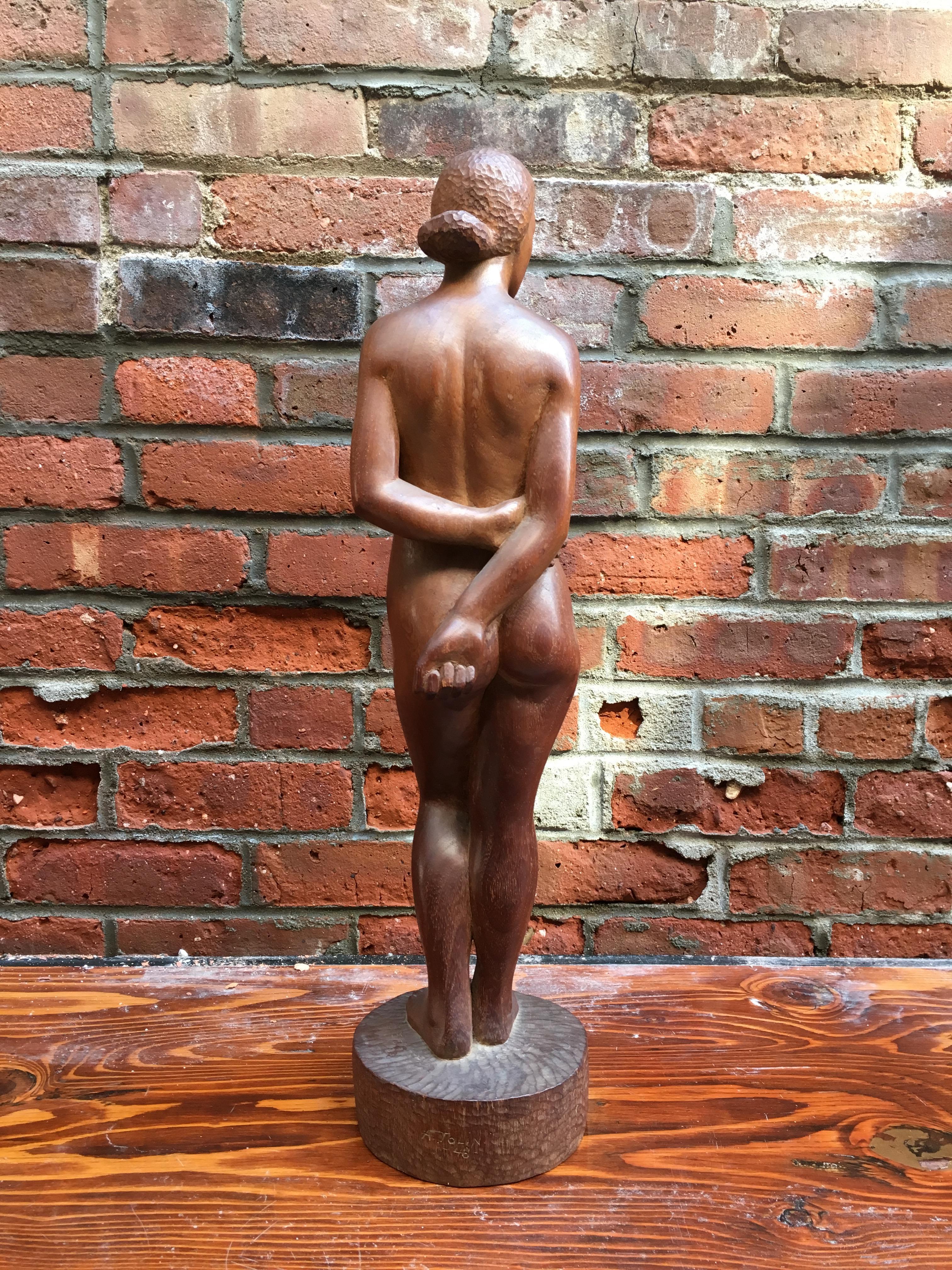 Hand-Carved 1948 New York School Wood Carved Female Nude Sculpture