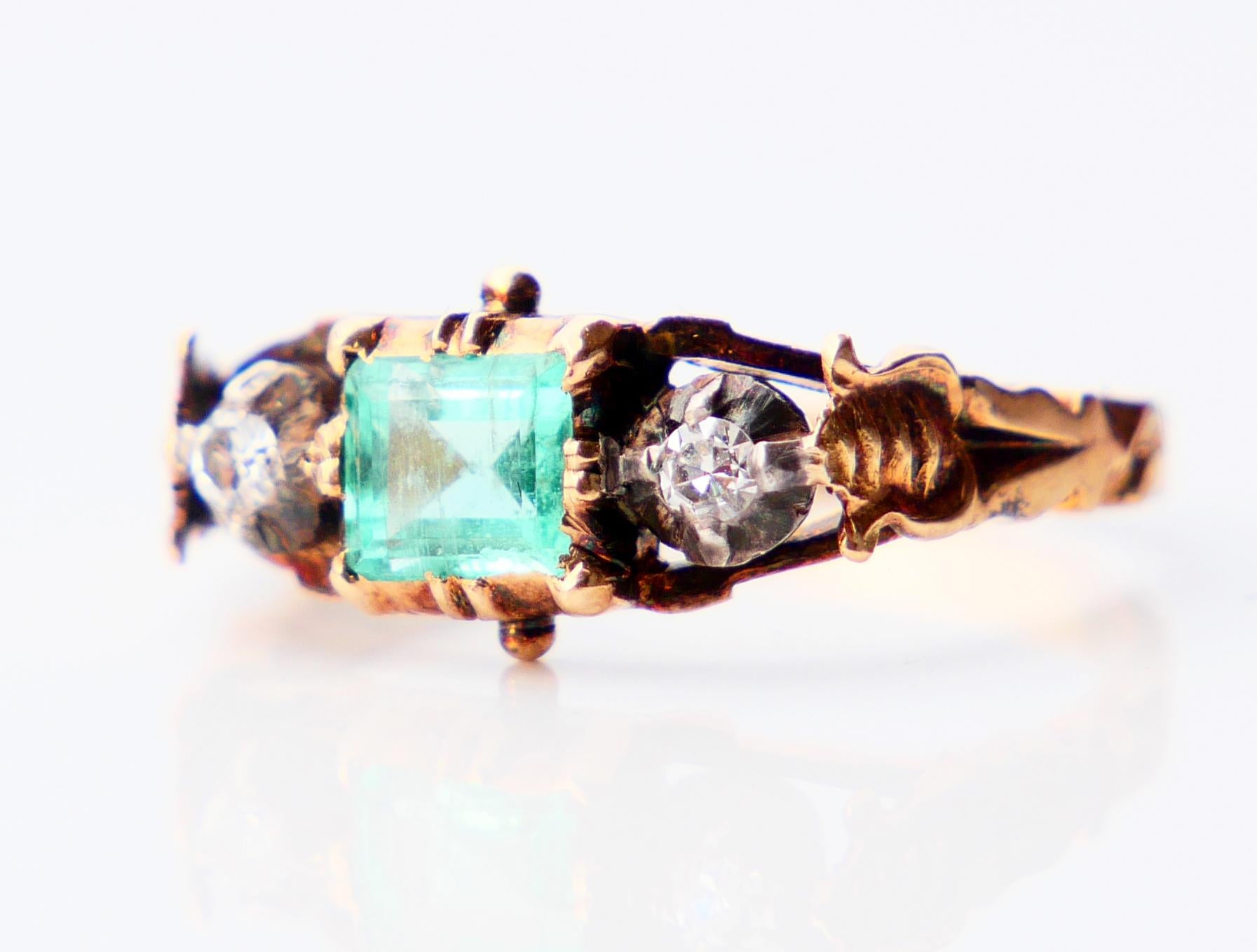 Old European Cut 1948 Nordic Ring 0.8 ct Emerald Diamonds solid 18K Gold Silver Ø 6US / 2.6g For Sale