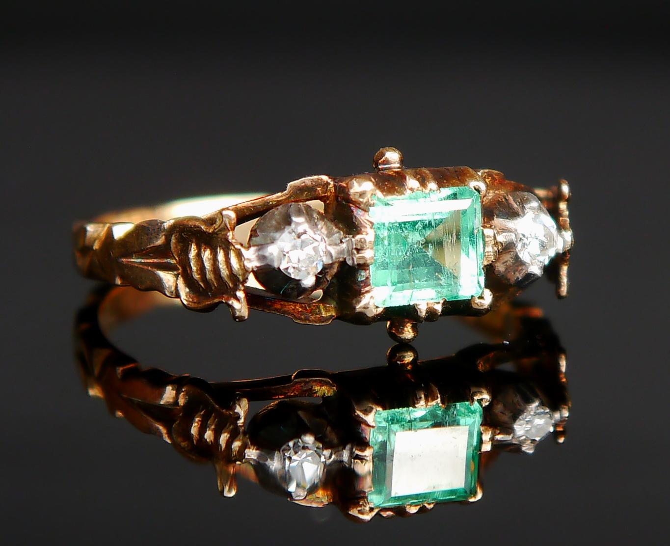 1948 Nordic Ring 0.8 ct Emerald Diamonds solid 18K Gold Silver Ø 6US / 2.6g For Sale 2