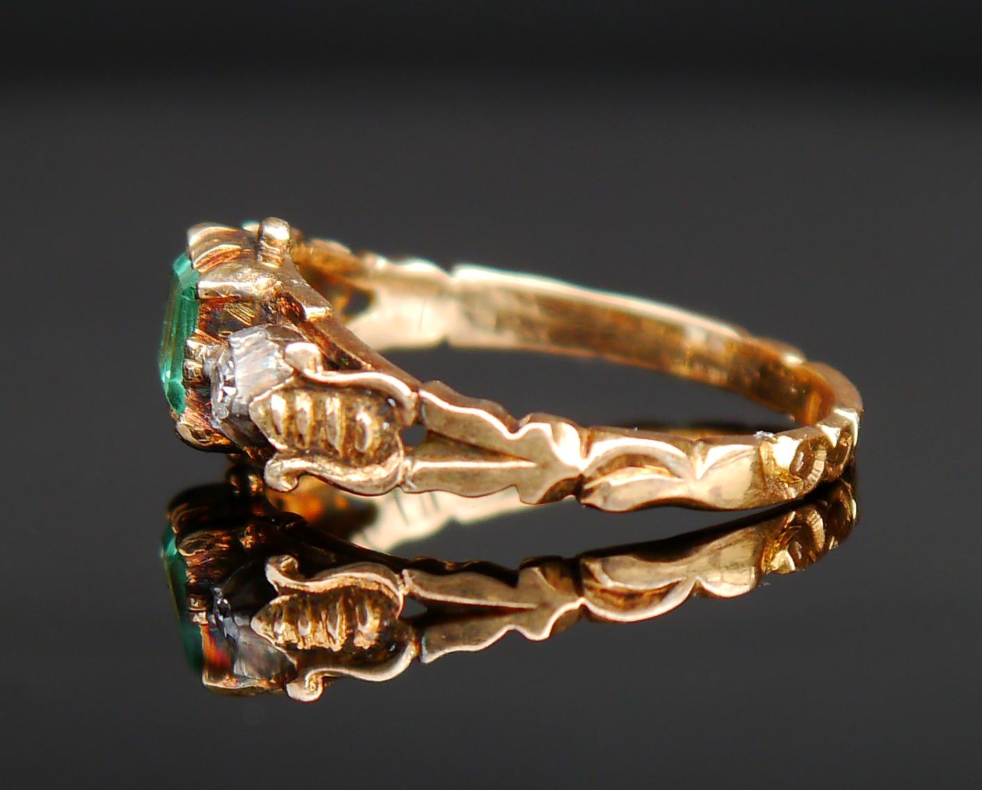 1948 Nordic Ring 0.8 ct Emerald Diamonds solid 18K Gold Silver Ø 6US / 2.6g For Sale 4