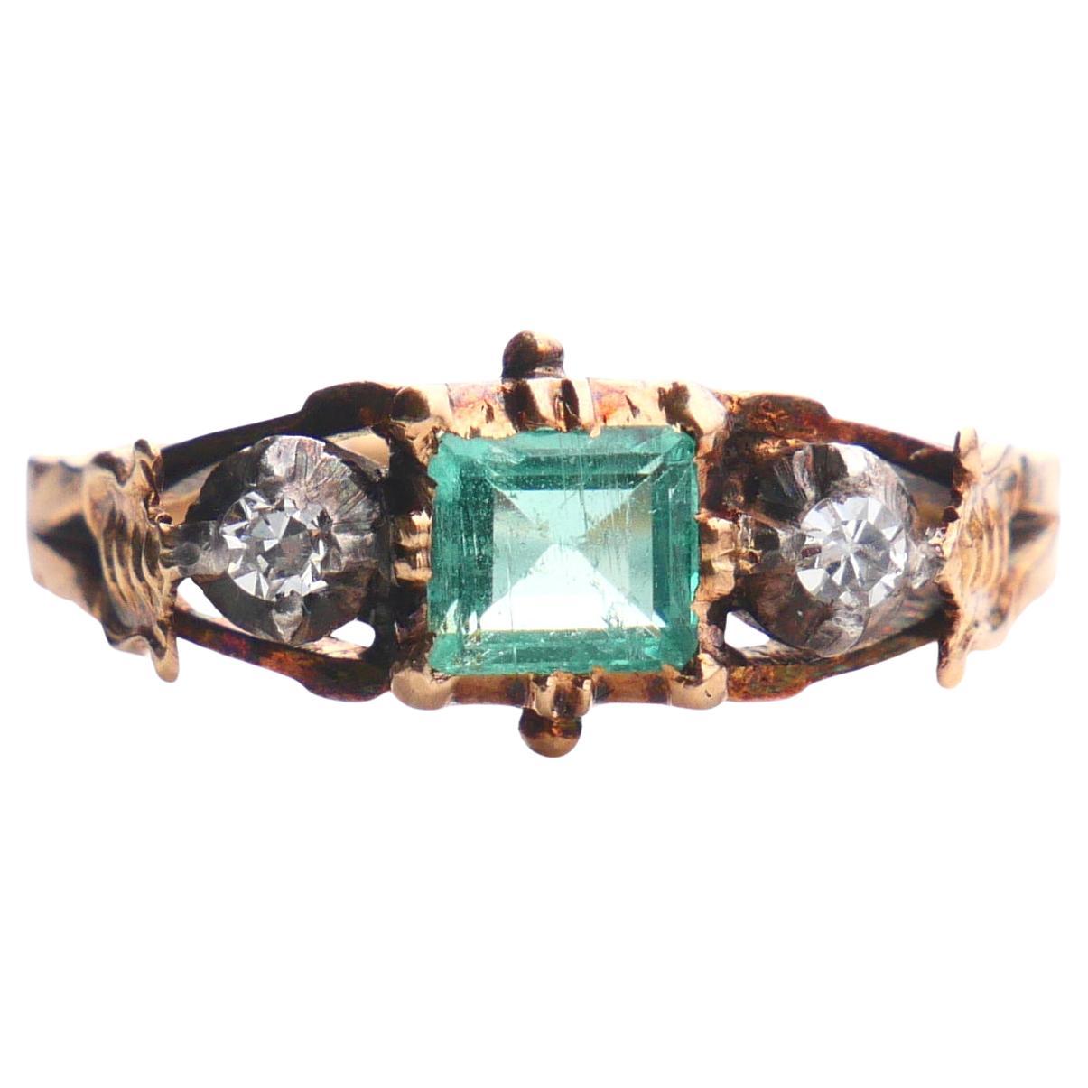1948 Nordic Ring 0.8 ct Emerald Diamonds solid 18K Gold Silver Ø 6US / 2.6g For Sale