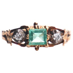 1948 Nordic Ring 0.8 ct Emerald Diamonds solid 18K Gold Silver Ø 6US / 2.6g