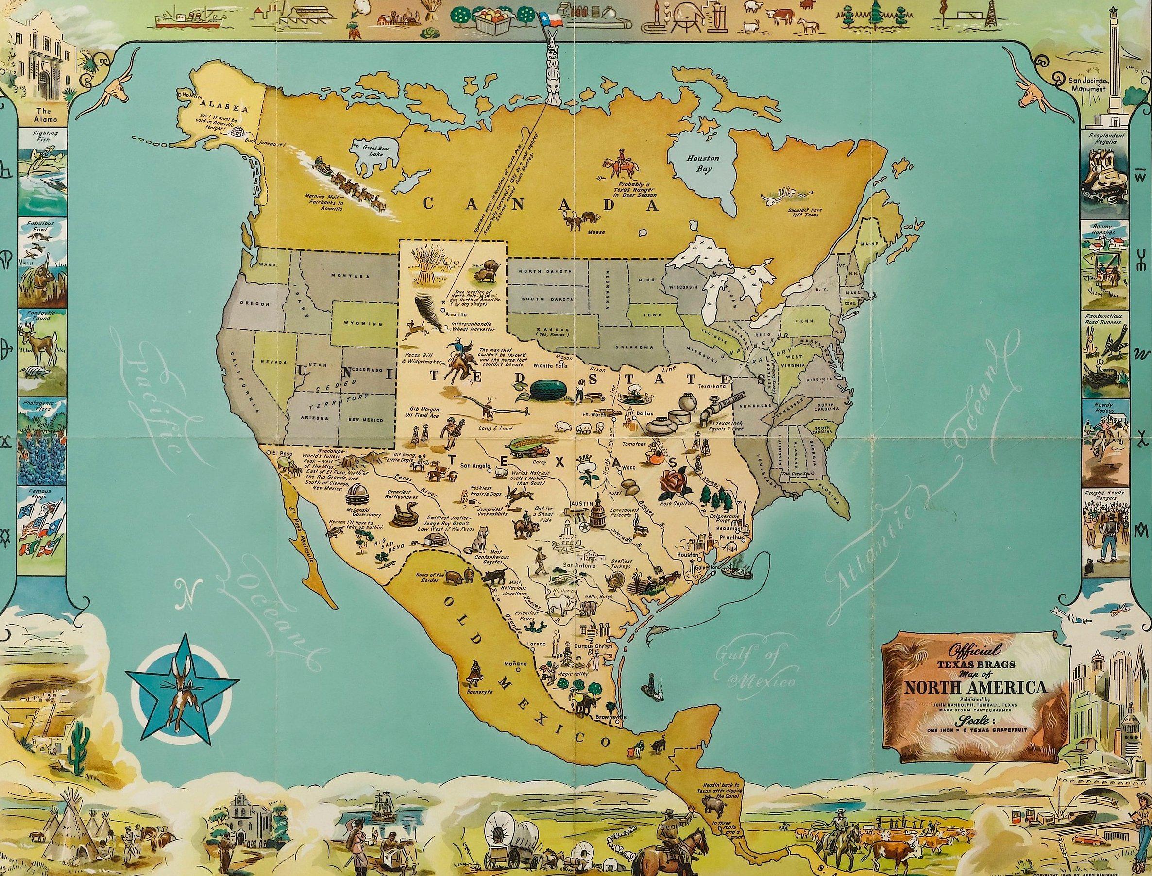 This is a uniquely Texas-centered, tongue-in-cheek map of the United States, published in 1948. The map reflects a massive Texas, prominently occupying the center and south of the United States, with all other states squeezed to the northeast and