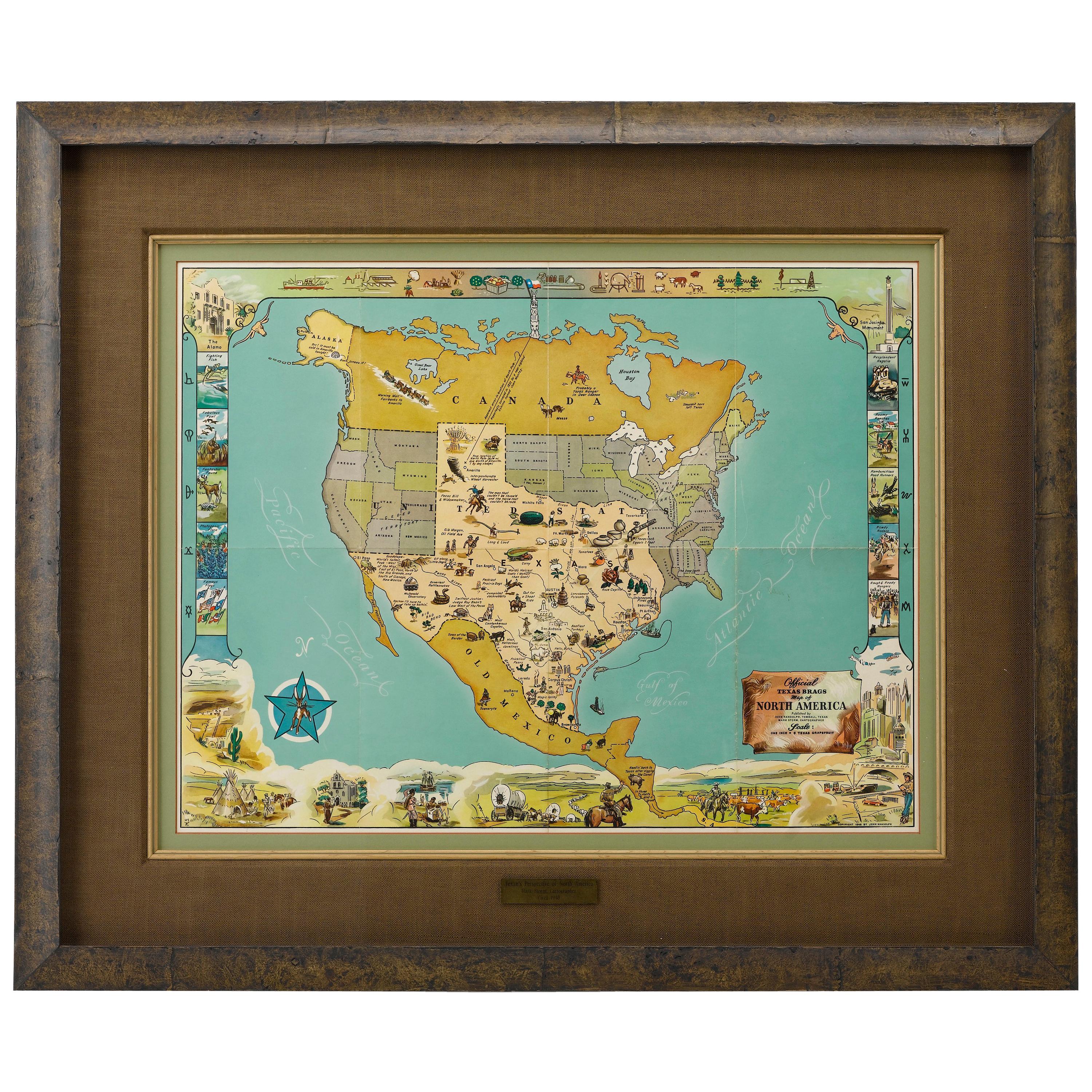 1948 Official "Texas Brags" Vintage Map of North America