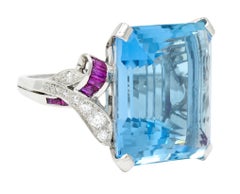 1948 Peacock 33.87 Carats Aquamarine Diamond Ruby Platinum Cocktail Ring