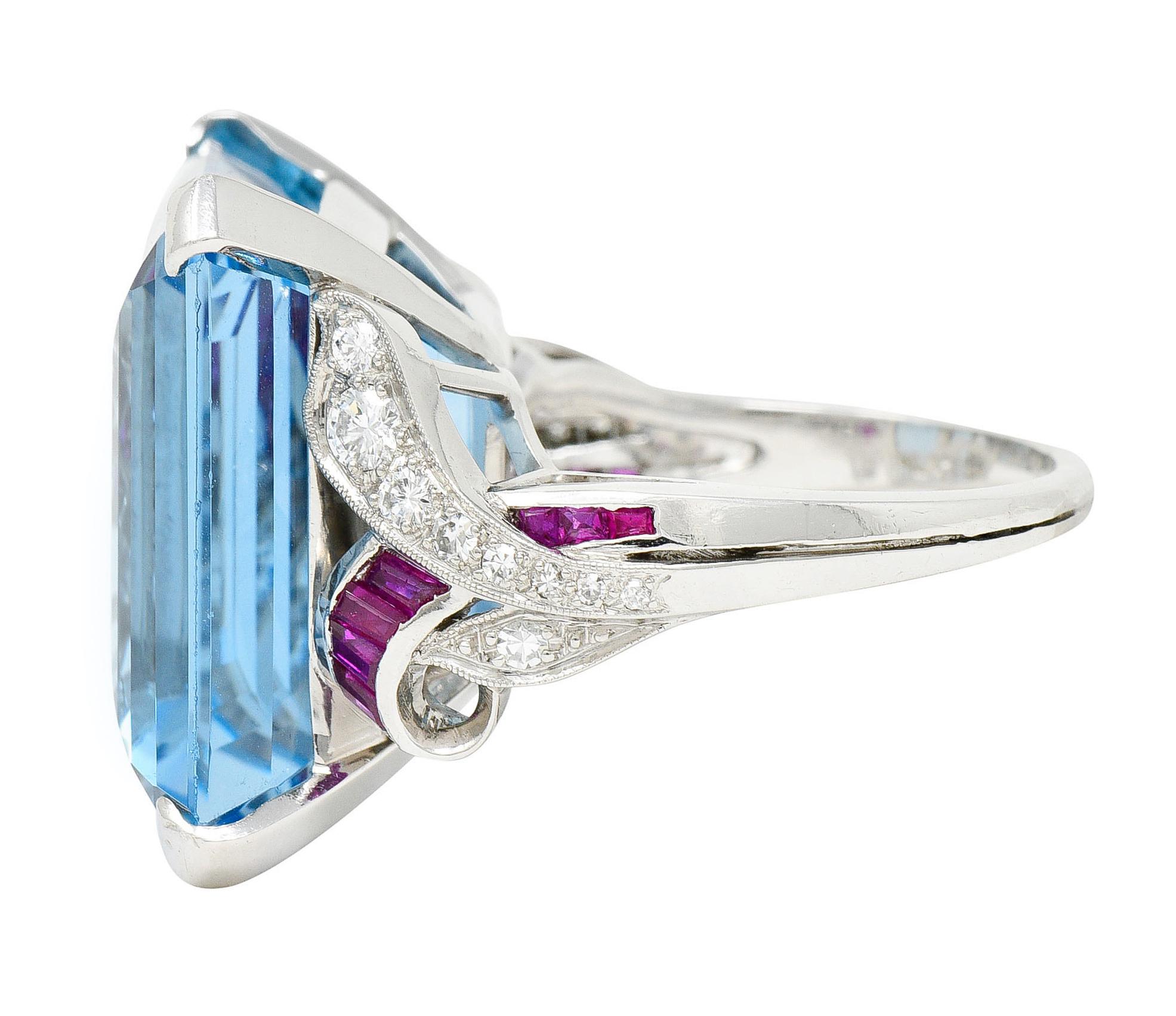 1948 Peacock 33.87 Carats Aquamarine Diamond Ruby Platinum Cocktail Ring In Excellent Condition In Philadelphia, PA