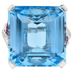 Vintage 1948 Peacock 33.87 Carats Aquamarine Diamond Ruby Platinum Cocktail Ring