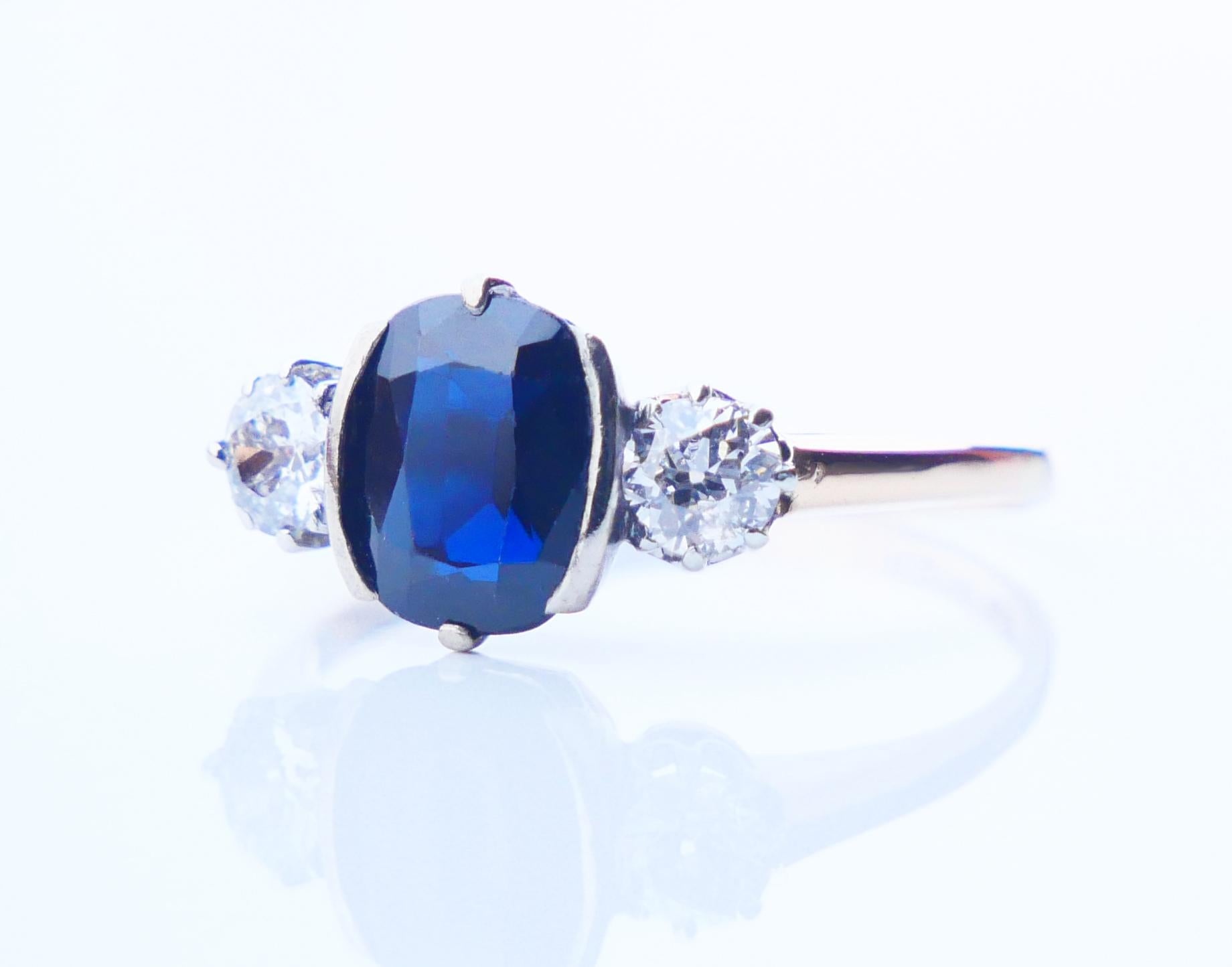 Art Nouveau 1948 Ring natural 2ct. Sapphire 0.6 ctw Diamonds 18K Gold Platinum ØUS7.25/2.7gr For Sale