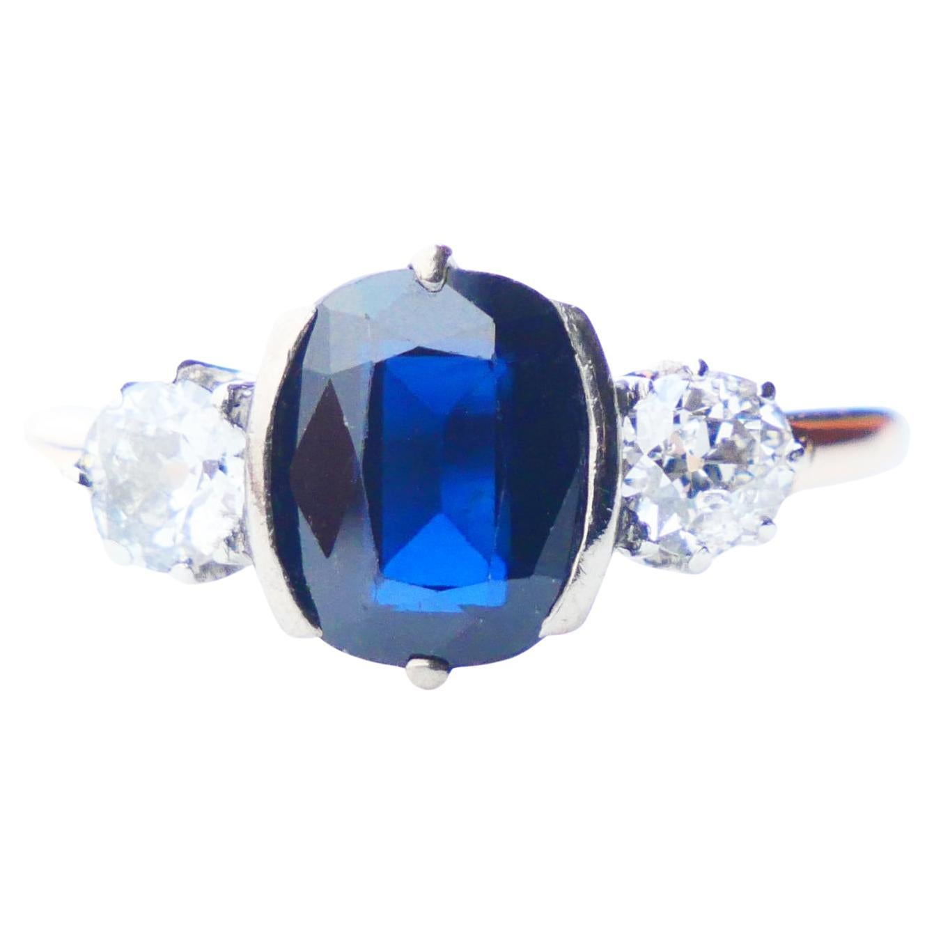 1948 Ring natural 2ct. Sapphire 0.6 ctw Diamonds 18K Gold Platinum ØUS7.25/2.7gr For Sale