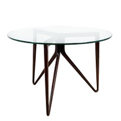Mid-Century Modern Round Tripod Sidetable, Solid Mahogany and Thick Glass- Italy