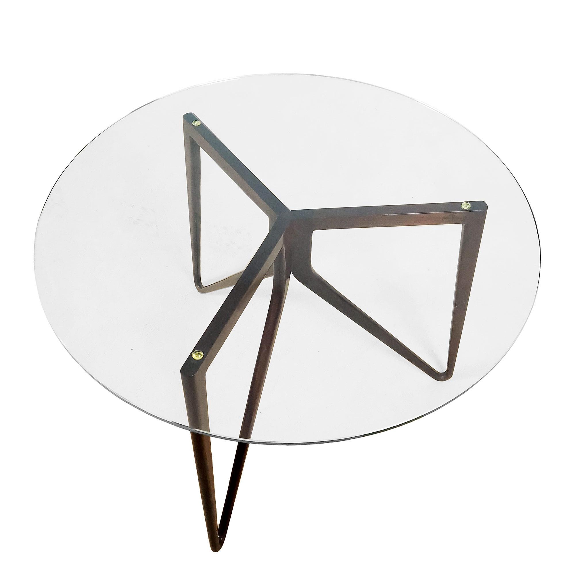 Mid-Century Modern Round Tripod Sidetable, Solid Mahogany and Thick Glass- Italy In Good Condition For Sale In Girona, ES