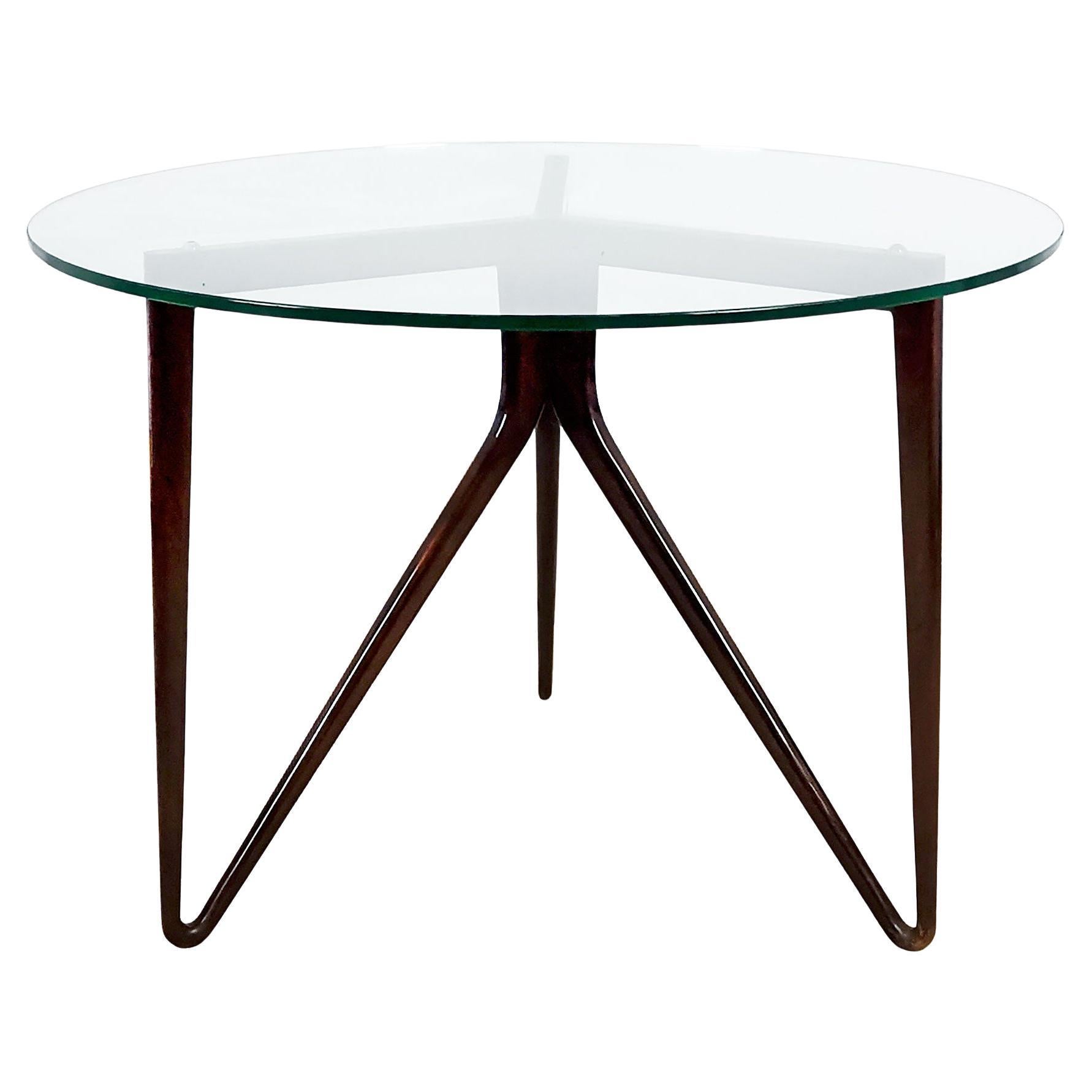 Mid-Century Modern Round Tripod Sidetable, Solid Mahogany and Thick Glass- Italy For Sale