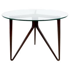 Vintage Mid-Century Modern Round Tripod Sidetable, Solid Mahogany and Thick Glass- Italy