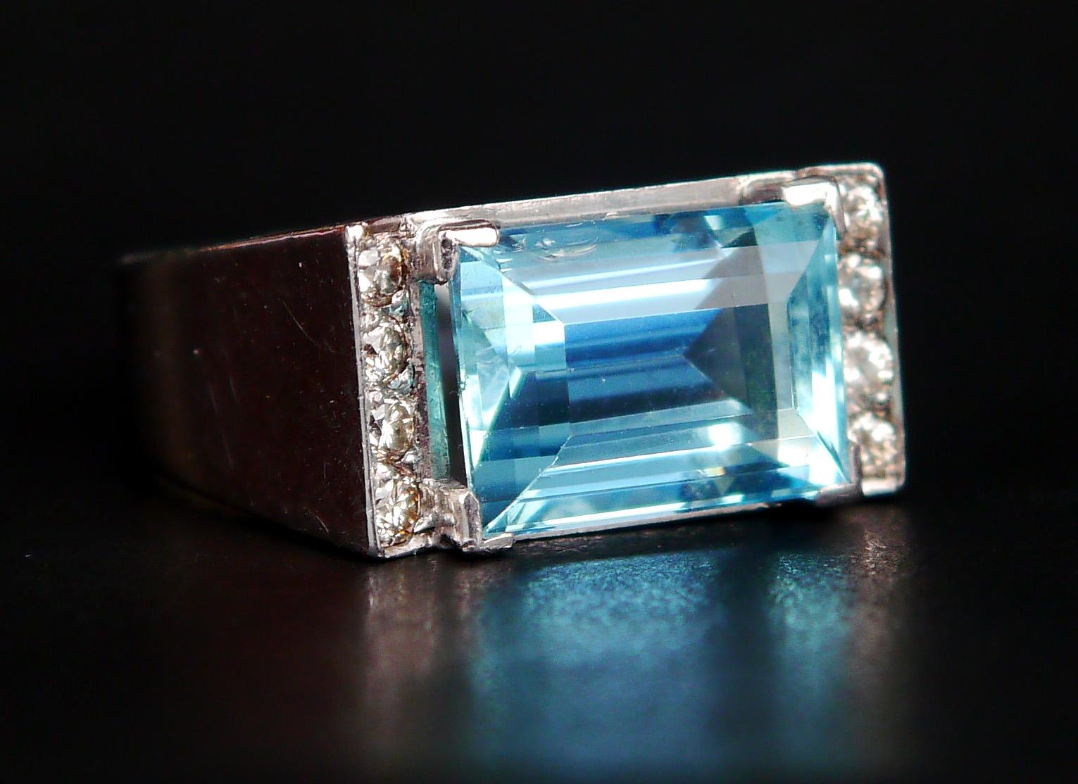 1948 Vintage Ring 7ct Aquamarine Diamonds solid 18K Gold Ø 6.25US / 9.2g For Sale 3