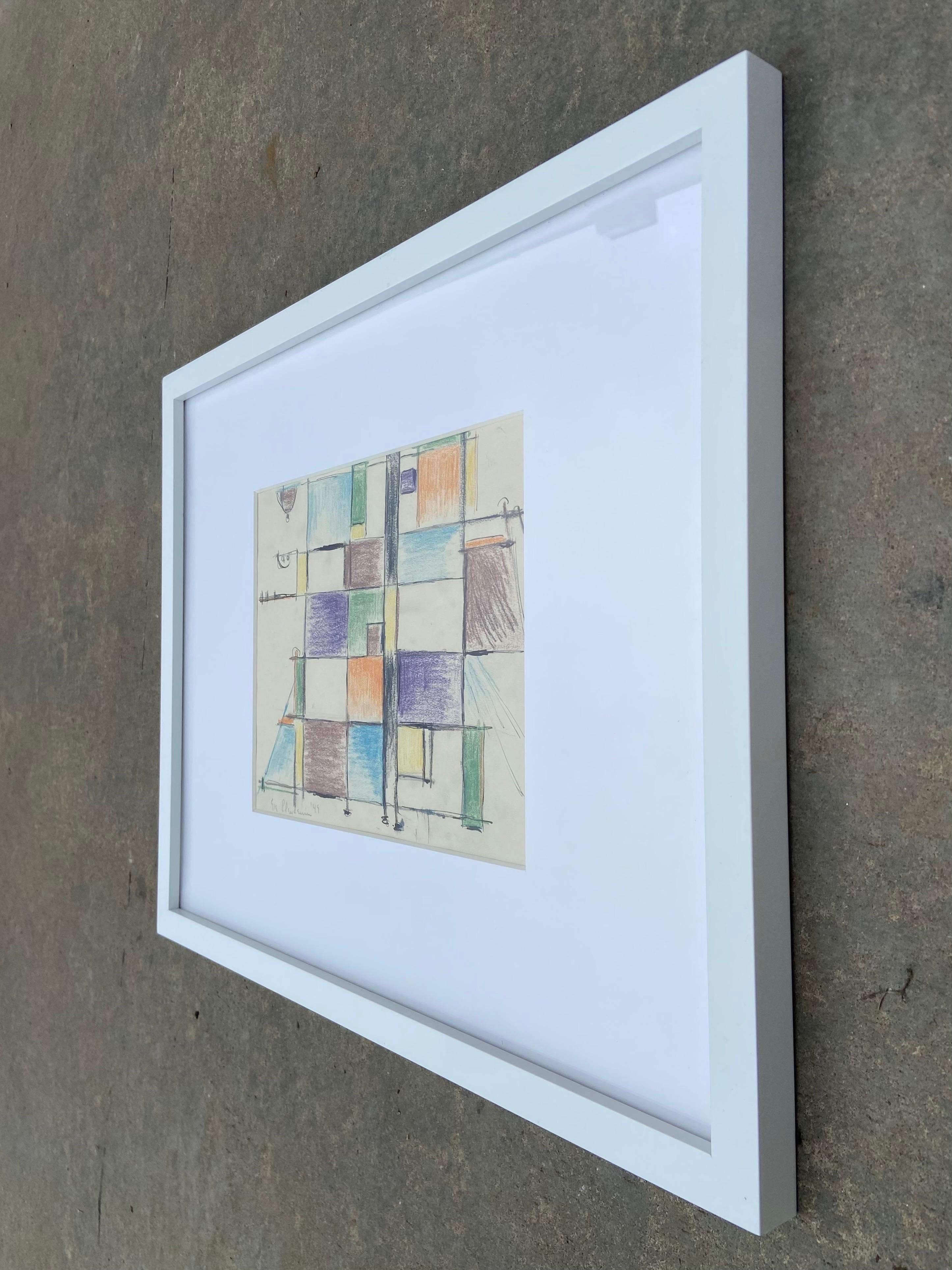 Mid-Century Modern 1949 Abstract Expressionist Geometric Drawing on Paper by Eve Clendenin, Framed