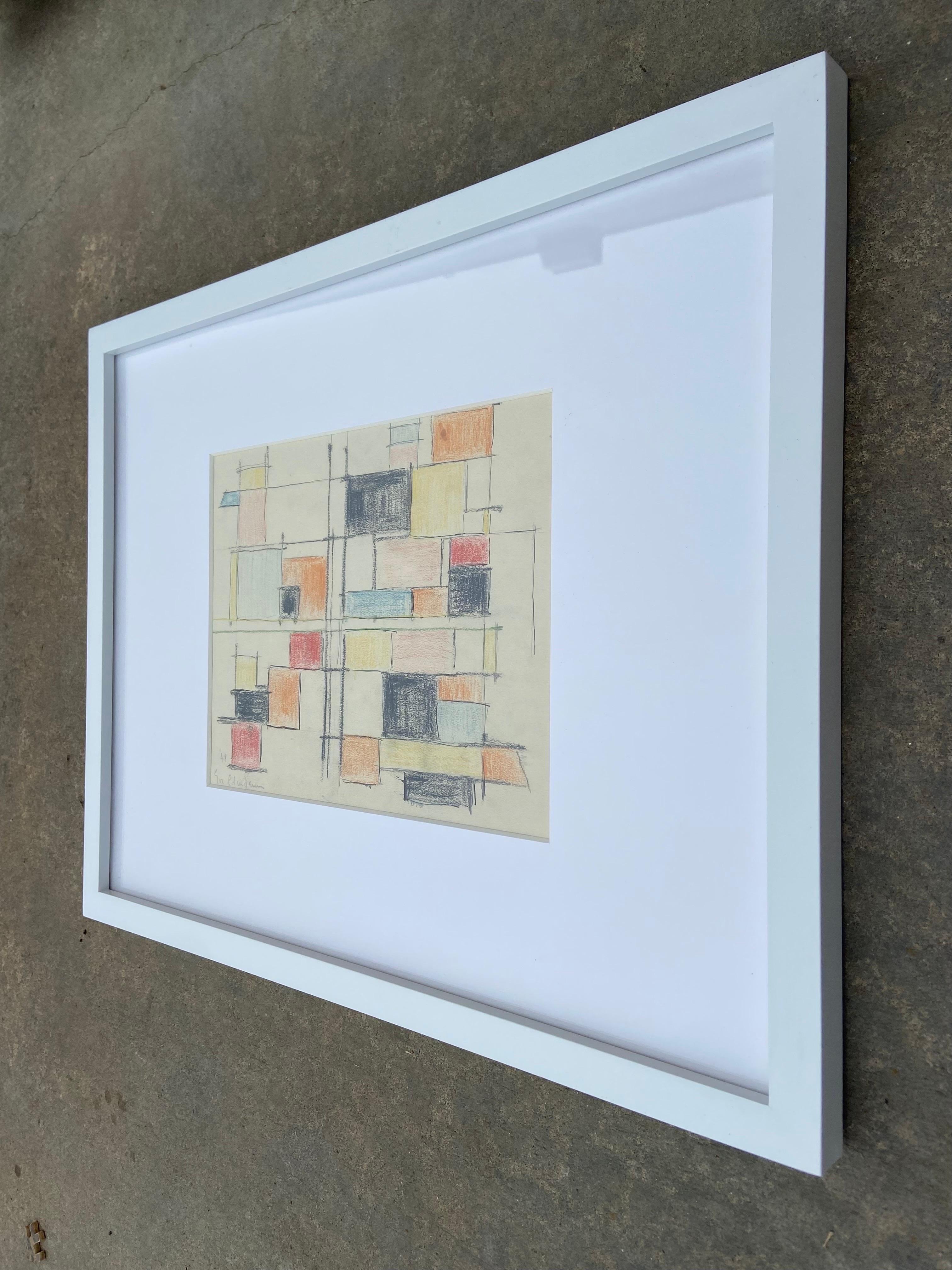 Mid-Century Modern 1949 Abstract Expressionist Geometric Drawing on Paper by Eve Clendenin, Framed