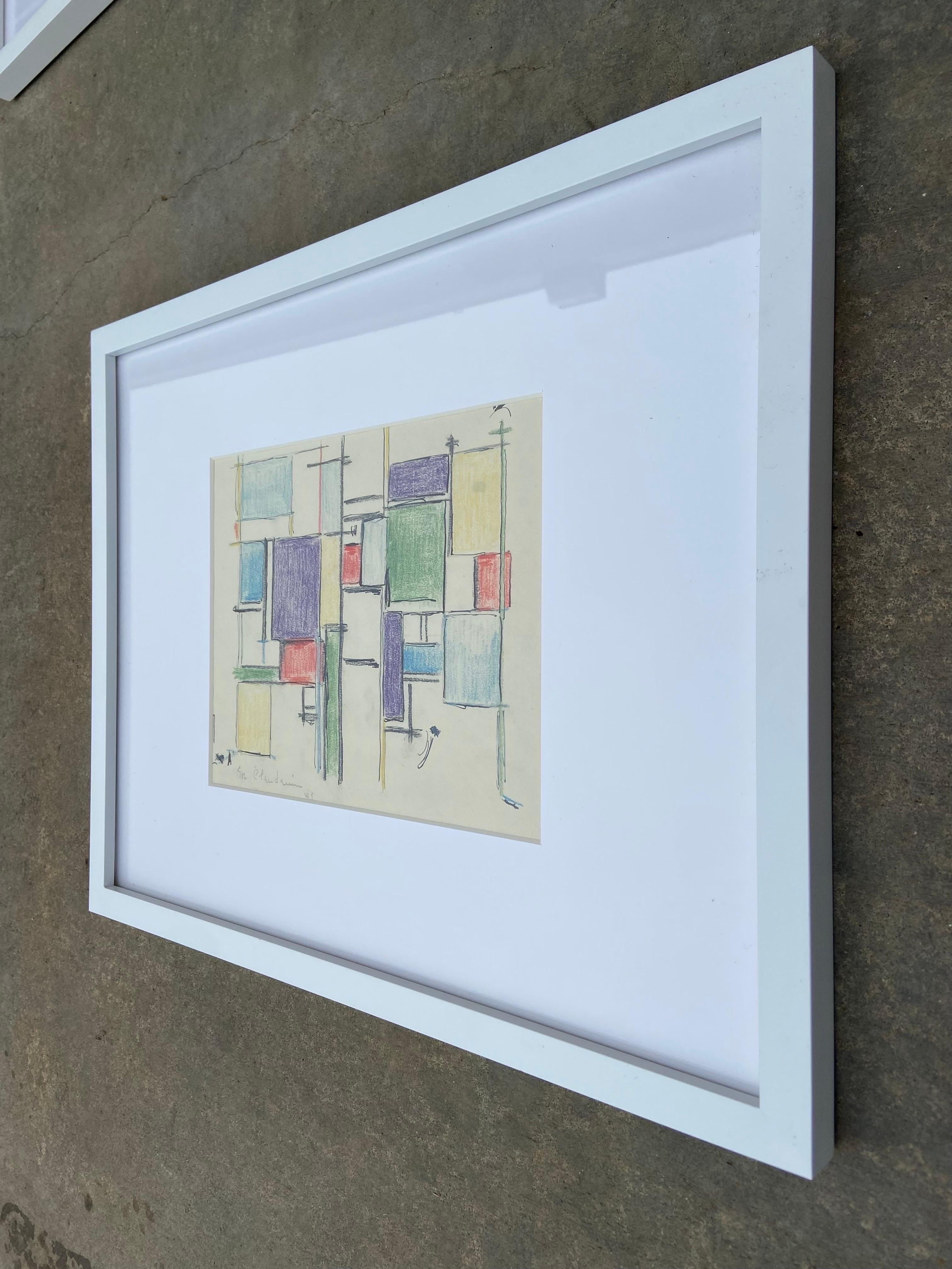 Mid-Century Modern 1949 Abstract Expressionist Geometric Drawing on Paper by Eve Clendenin, Framed