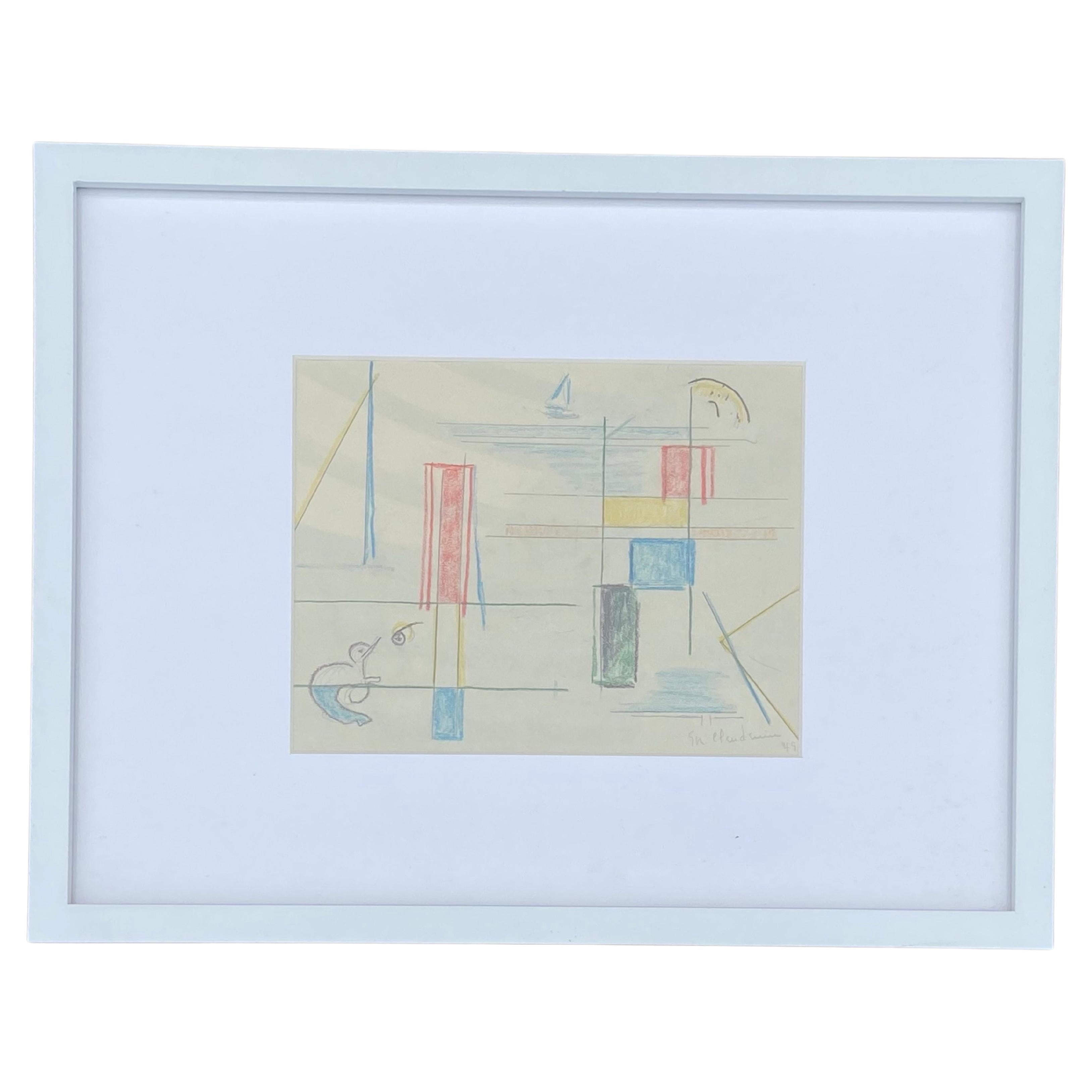 1949 Abstract Expressionist Geometric Drawing on Paper by Eve Clendenin, Framed