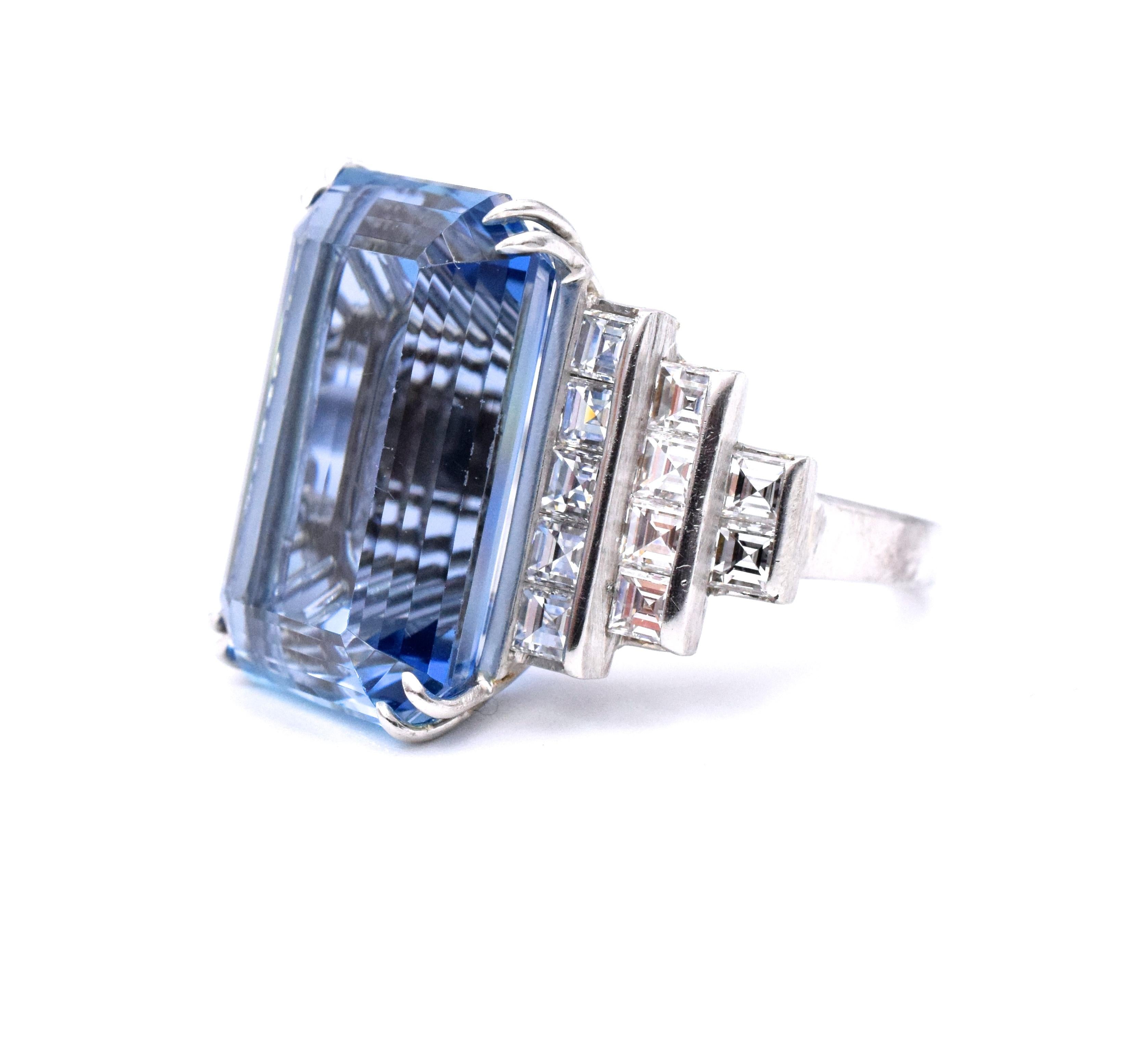 Impressive NALLY  aquamarine & diamond ring, that will make a statement anytime...Platinum
 Emerald cut aquamarine is 19.49 carats with step cut mounting with 22 square cut diamonds with total weight of  totaling 2.42 CT, G - Carats set in