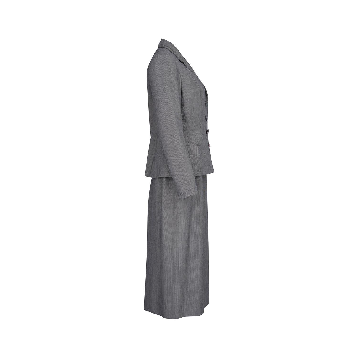 1949 Documented Pierre Balmain Haute Couture Grey Bar Jacket Suit Excellent état - En vente à London, GB