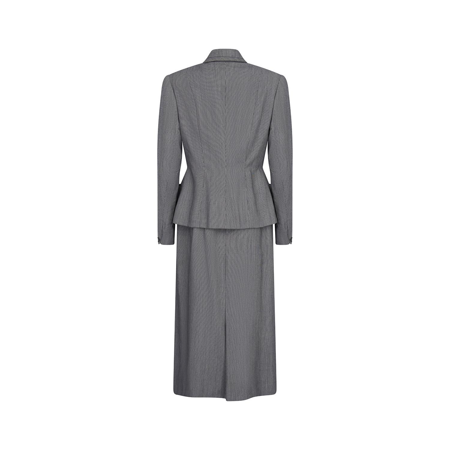Women's 1949 Documented Pierre Balmain Haute Couture Grey Bar Jacket Suit For Sale