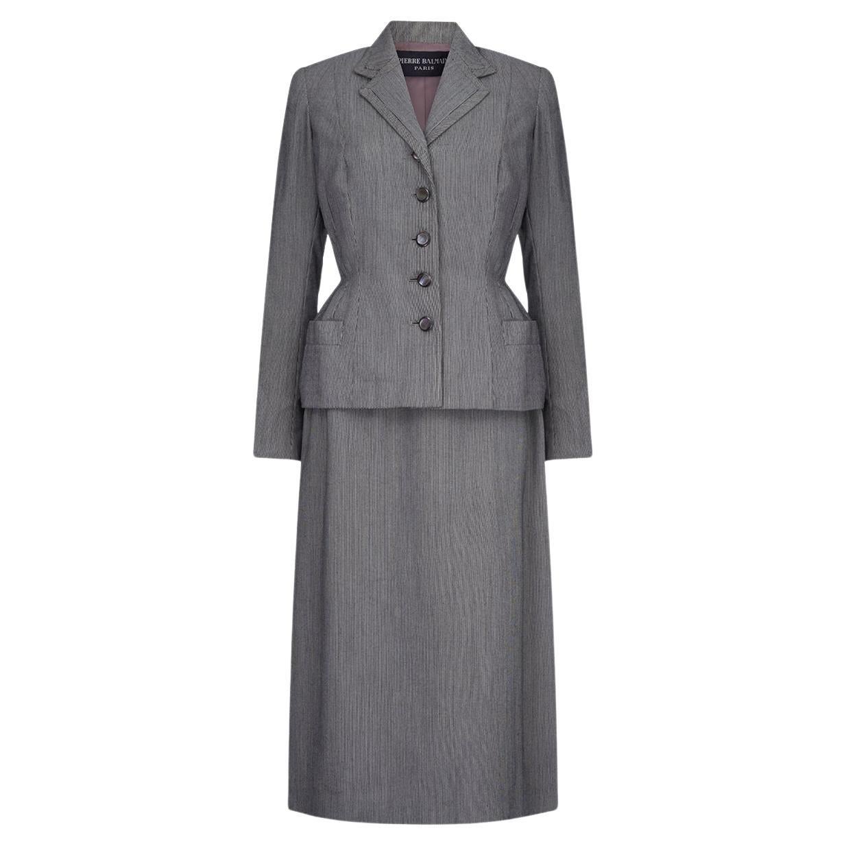 1949 Documented Pierre Balmain Haute Couture Grey Bar Jacket Suit en vente