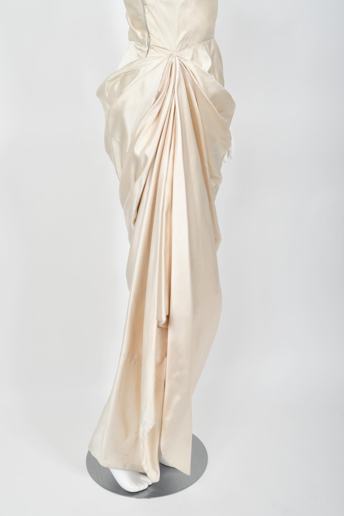 1949 Jeanne Lanvin Haute Couture Ivory Silk Satin Strapless Draped Bridal Gown  For Sale 6