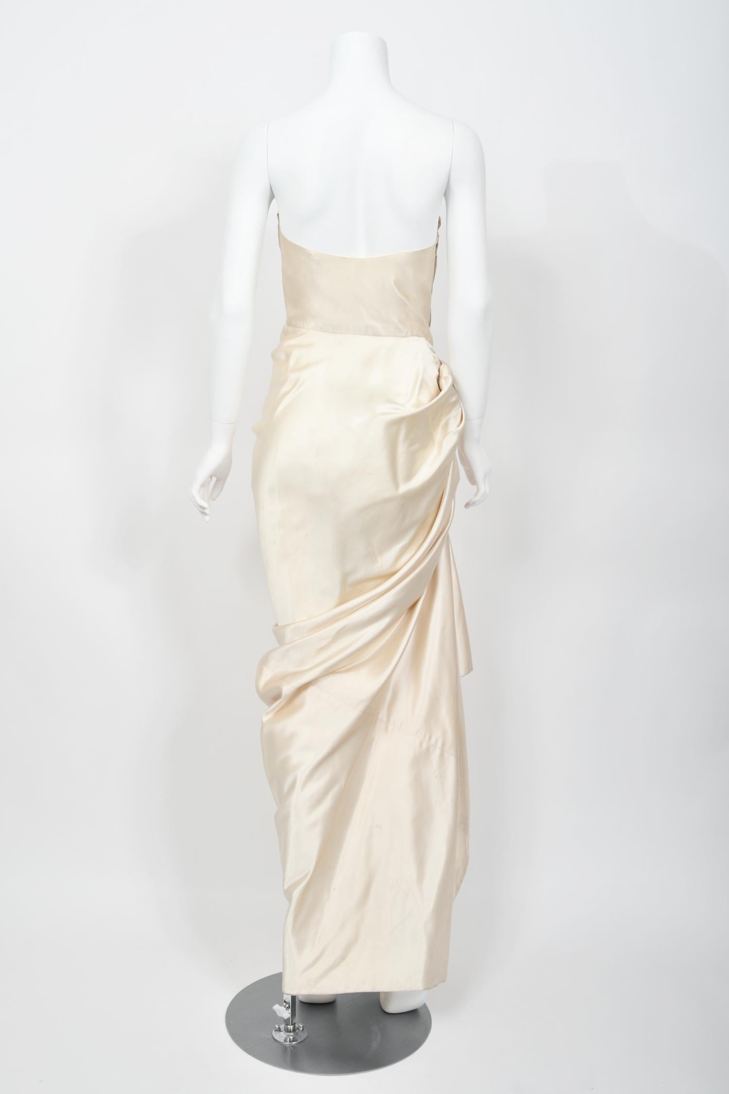 1949 Jeanne Lanvin Haute Couture Ivory Silk Satin Strapless Draped Bridal Gown 7