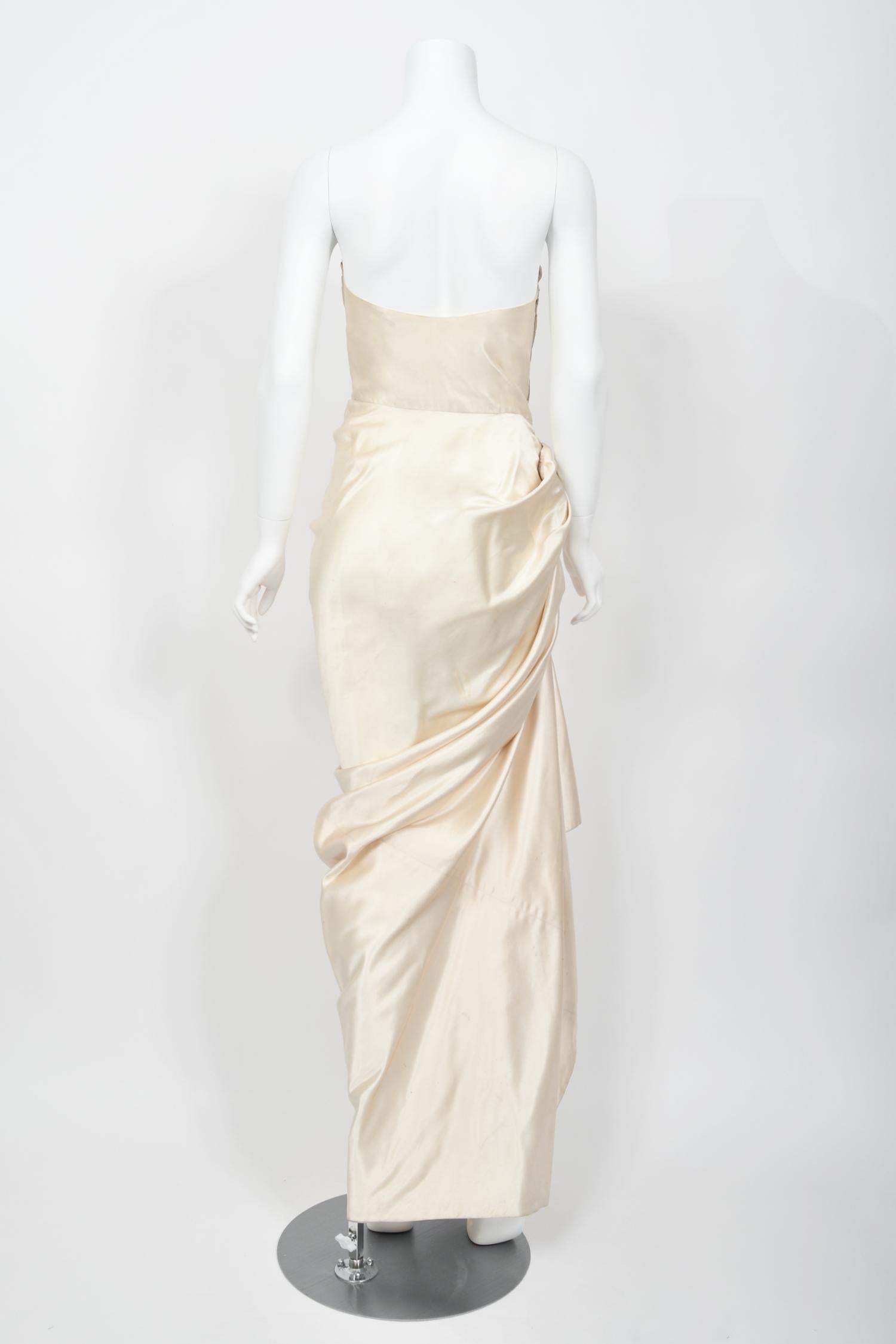 1949 Jeanne Lanvin Haute Couture Ivory Silk Satin Strapless Draped Bridal Gown  For Sale 8