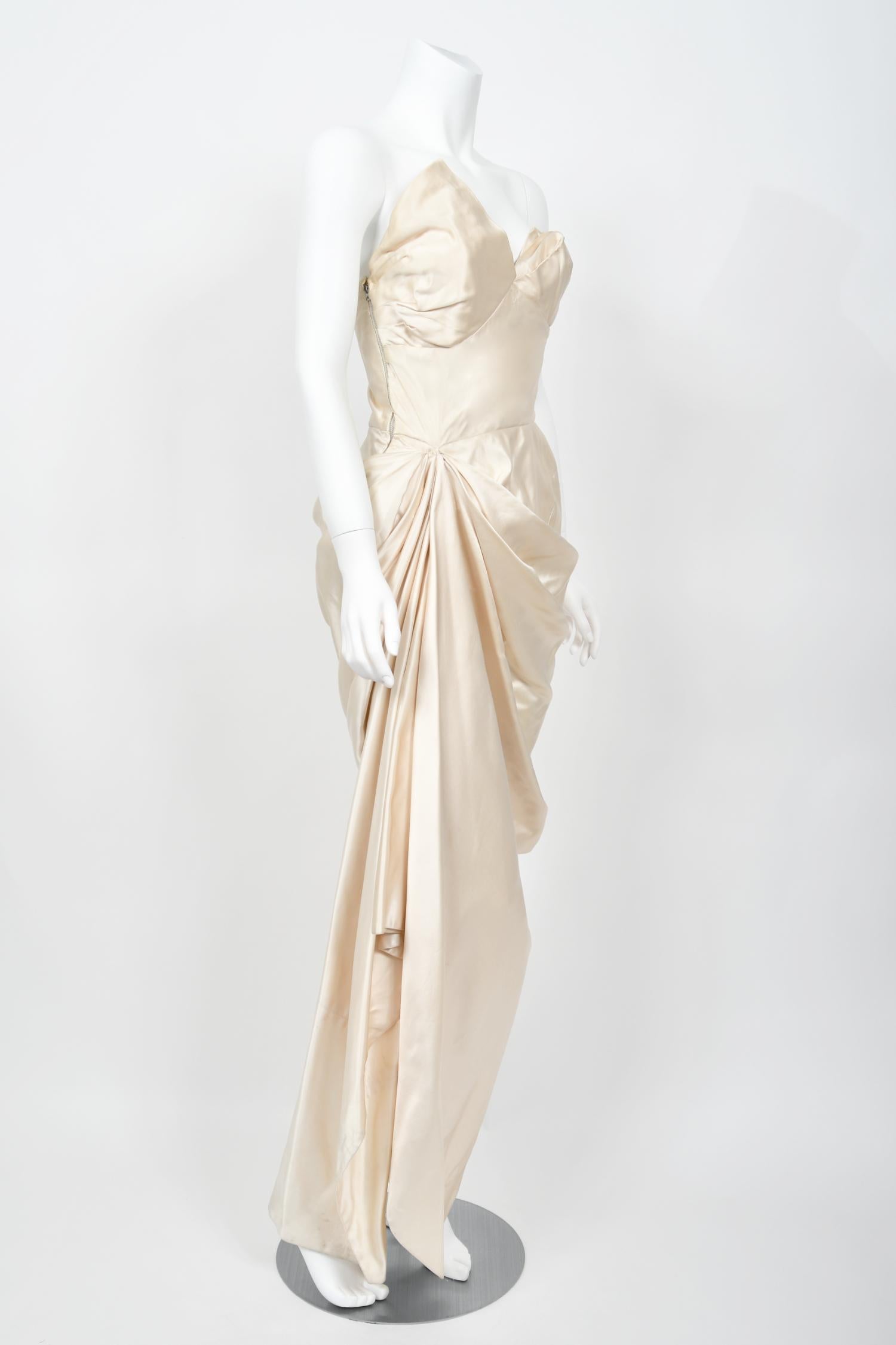 1949 Jeanne Lanvin Haute Couture Ivory Silk Satin Strapless Draped Bridal Gown  For Sale 1