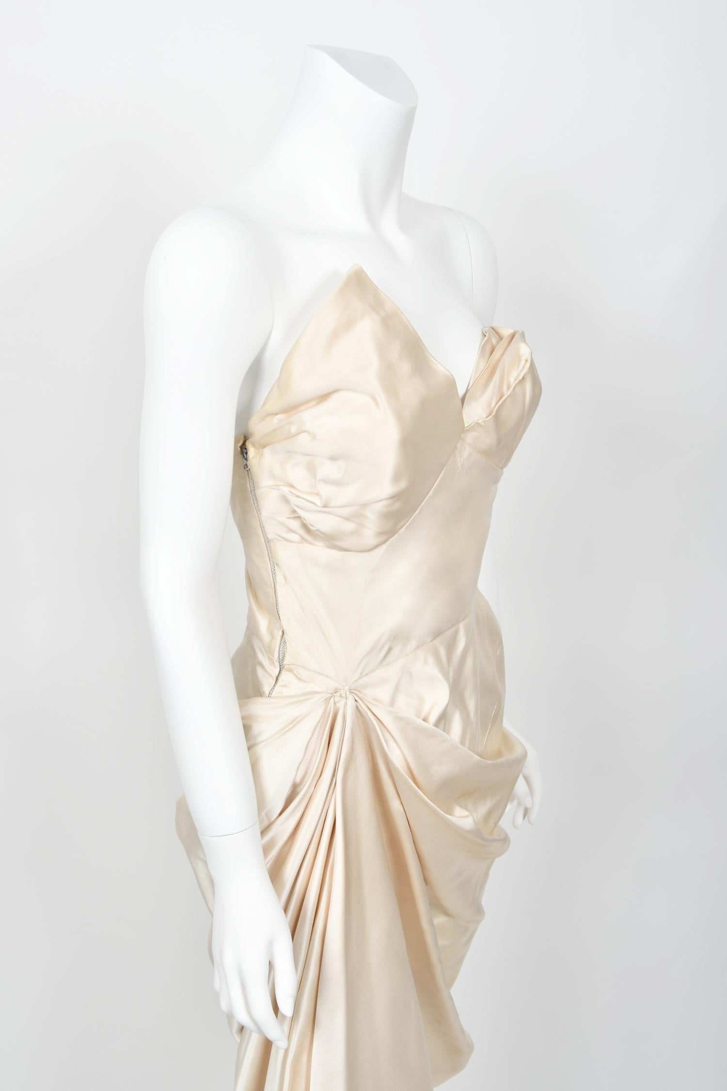 1949 Jeanne Lanvin Haute Couture Ivory Silk Satin Strapless Draped Bridal Gown 1